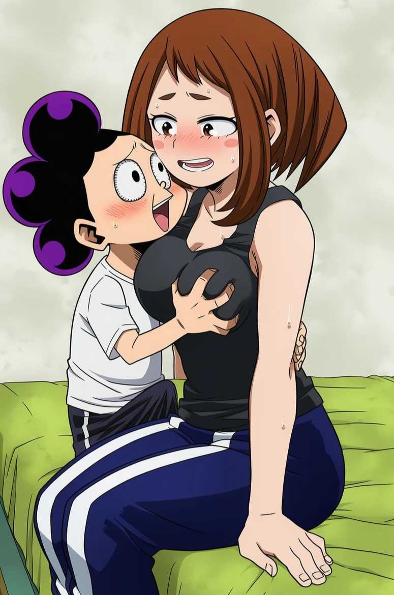 1boy, 1girls, ai generated, breast grab, breasts, female, gym uniform, male, minoru mineta, my hero academia, nervous, ochako uraraka, pervert male, sitting on bed, u.a. gym uniform