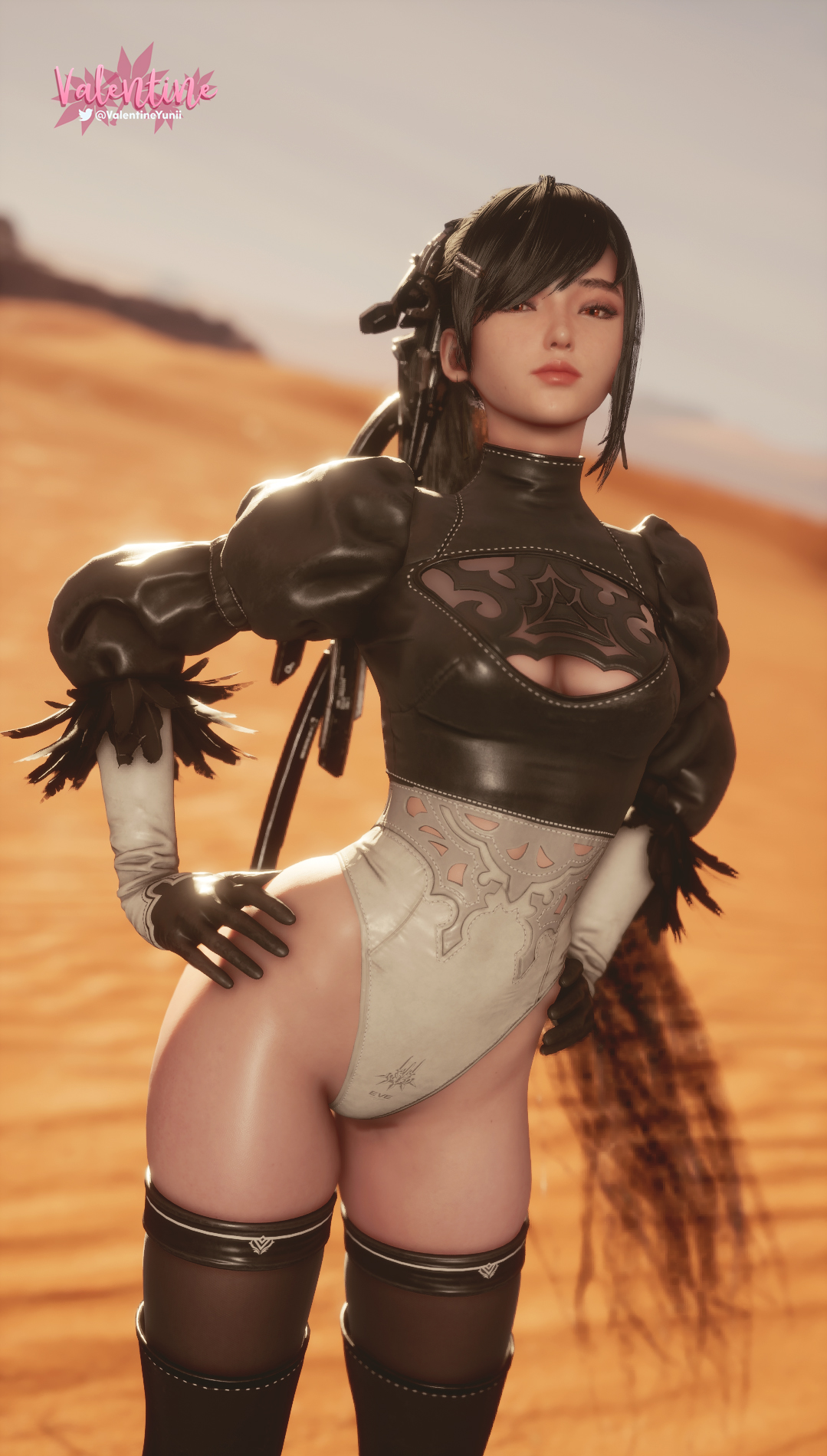 3d, eve (stellar blade), female, leotard, looking at viewer, nier: automata, selfie, solo, stellar blade, twitter username, watermark, yorha 2b (cosplay)