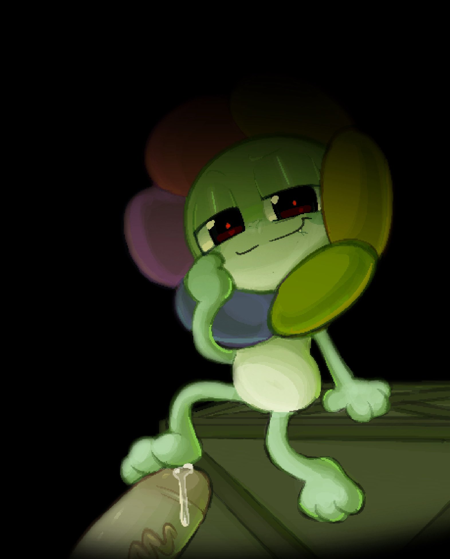 2boys, 2male, big penis, chibi, chibi style, crate, cute, cute fang, dandy (dandy's world), dandy's world, dark, dark room, duo, duo focus, duo male, fang, flower, flower creature, flower petals, foot fetish, foot play, footjob, gay, gay footjob, glistening genitalia, green skin, green skinned male, green-skinned male, hand on face, human, labbit1337, looking at viewer, male, male only, male/male, paws, penis, penis out, precum, precum drip, precum on penis, red eyes, red pupils, roblox, robloxian, shiny eyelids, shiny eyes, sitting, sitting on crate, smaller male, smile, smiling, smiling at viewer, smirk, smirking, smirking at viewer, stonerobjectum, toonophilia, unseen male face, veiny penis