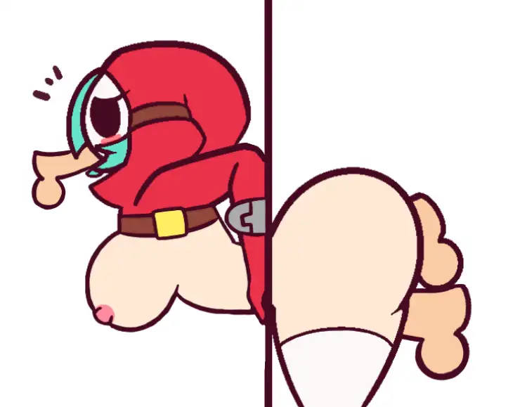 1girls, 3boys, ass, blush, breasts, clothing, disembodied penis, double penetration, female, female focus, green hair, m-alpha, male, mario (series), mask, multiple boys, multiple males, nintendo, nipples, oral, penetration, penis, shy gal, shy gal red, side view, simple background, source request, stuck, tagme, white background