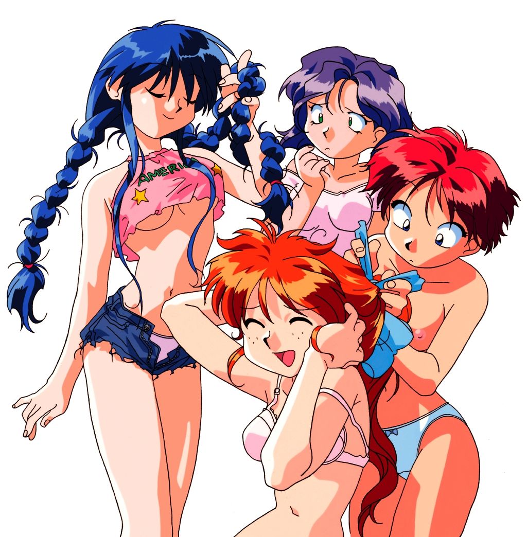 4girls 90s ^o^ annue_(viper) armpits arms_up bare_arms bare_shoulders betty_(viper) blue_eyes blue_hair blue_panties bow bow_panties bra braid breasts brown_hair cleavage closed_eyes clothes_writing clothing crea_(viper) crop_top daniel_(viper) eyebrows_visible_through_hair female female_only freckles green_eyes hair_ribbon highres long_hair long_ponytail long_twintails matsutake_tokuyuki medium_breasts multiple_girls navel nipples official_art open_mouth panties ponytail purple_hair red_hair ribbon shirt short_hair short_shorts shorts simple_background small_breasts smile sogna star tank_top thighs tied_hair tongue topless twin_braids twintails tying_hair underboob underwear viper_(series) viper_v8 white_background white_bra white_panties