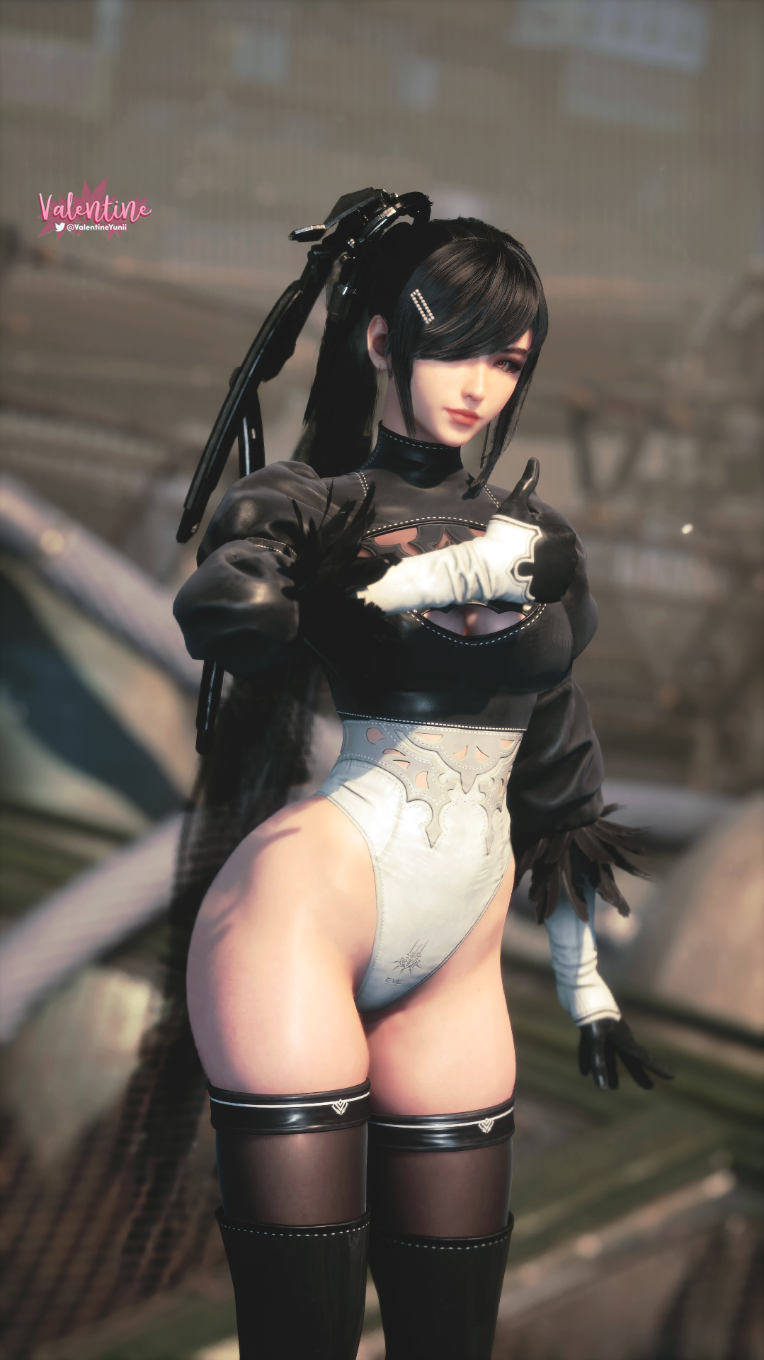3d, eve (stellar blade), female, leotard, looking at viewer, nier: automata, selfie, solo, stellar blade, twitter username, watermark, yorha 2b, yorha 2b (cosplay)