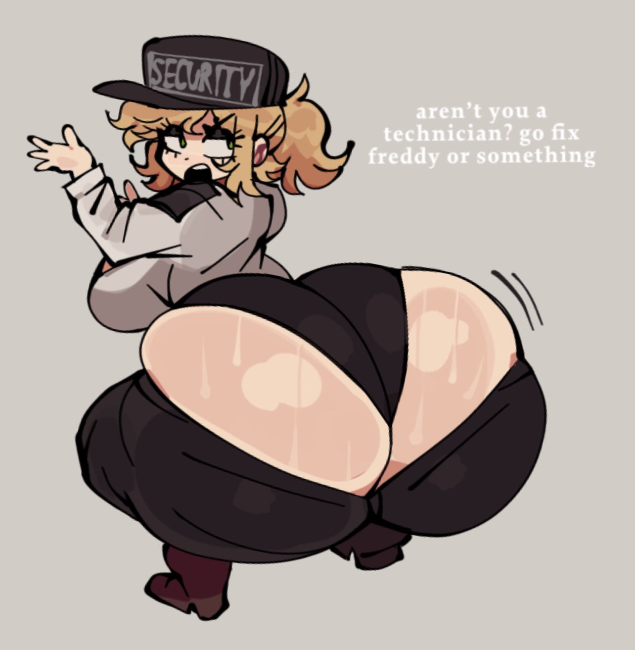 1girls, ass, ass bigger than head, ass bigger than torso, ass cleavage, ass focus, big ass, blonde hair, bottom heavy, bottomwear, bottomwear halfway down, bubble butt, butt crack, clothing, crouching, dialogue, fat ass, female, female only, five nights at freddy's, five nights at freddy's: security breach, huge ass, large ass, massive ass, mstreetsamurai, panties, scottgames, security guard, solo, squatting, talking to another, text, thick ass, thick thighs, thunder thighs, underwear, uniform, vanessa (fnaf), wide hips