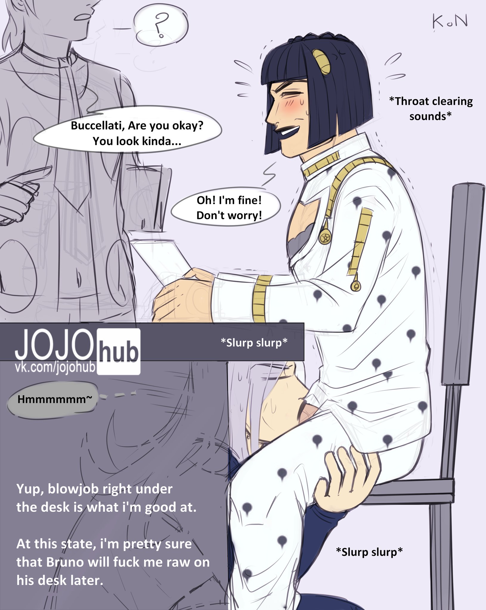 2boys, almost caught, blowjob, bruno buccellati, deepthroat, deepthroat holder, deepthroat hug, jojo's bizarre adventure, kathycat1996, leone abbacchio, male, oral, pannacotta fugo, under the table, vento aureo, yaoi