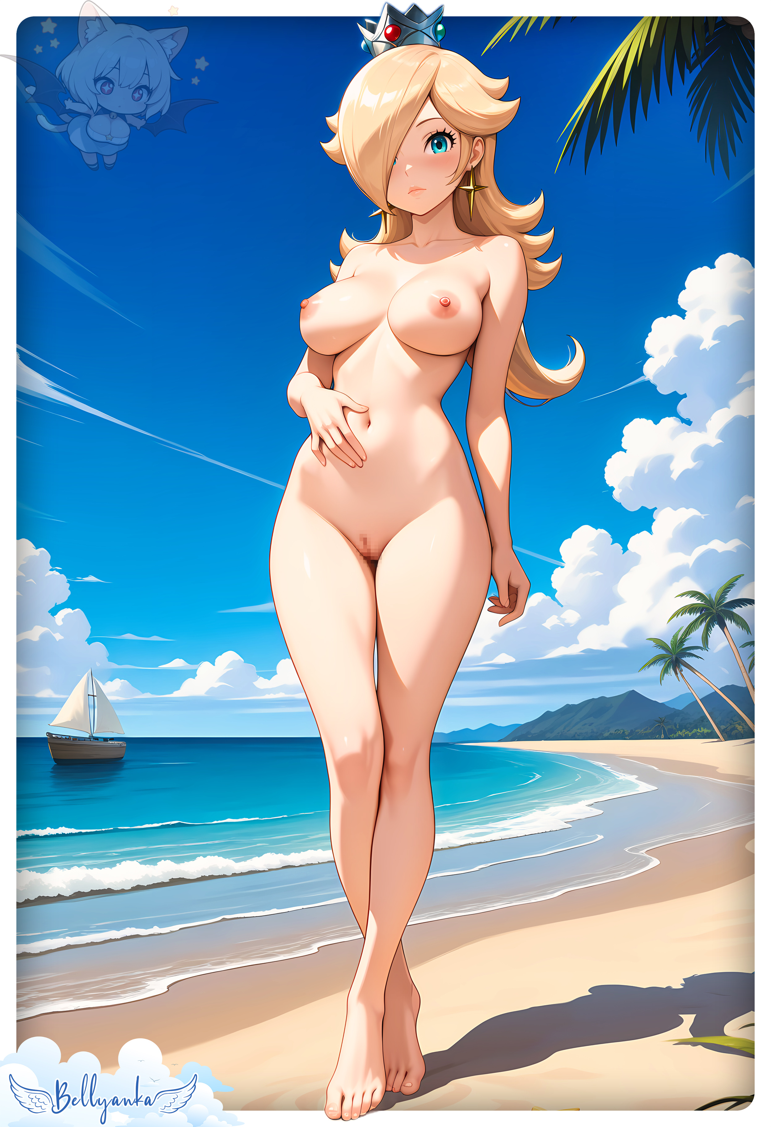 2025, ai generated, beach background, bellyanka, blushing at viewer, deviantart, embarrassed nude female, female, female only, hand on belly, looking at viewer, mario (series), naked, naked female, nintendo, no clothes, nude beach, nude female, one eye visible, princess rosalina, shy at viewer, super mario bros., walking towards viewer