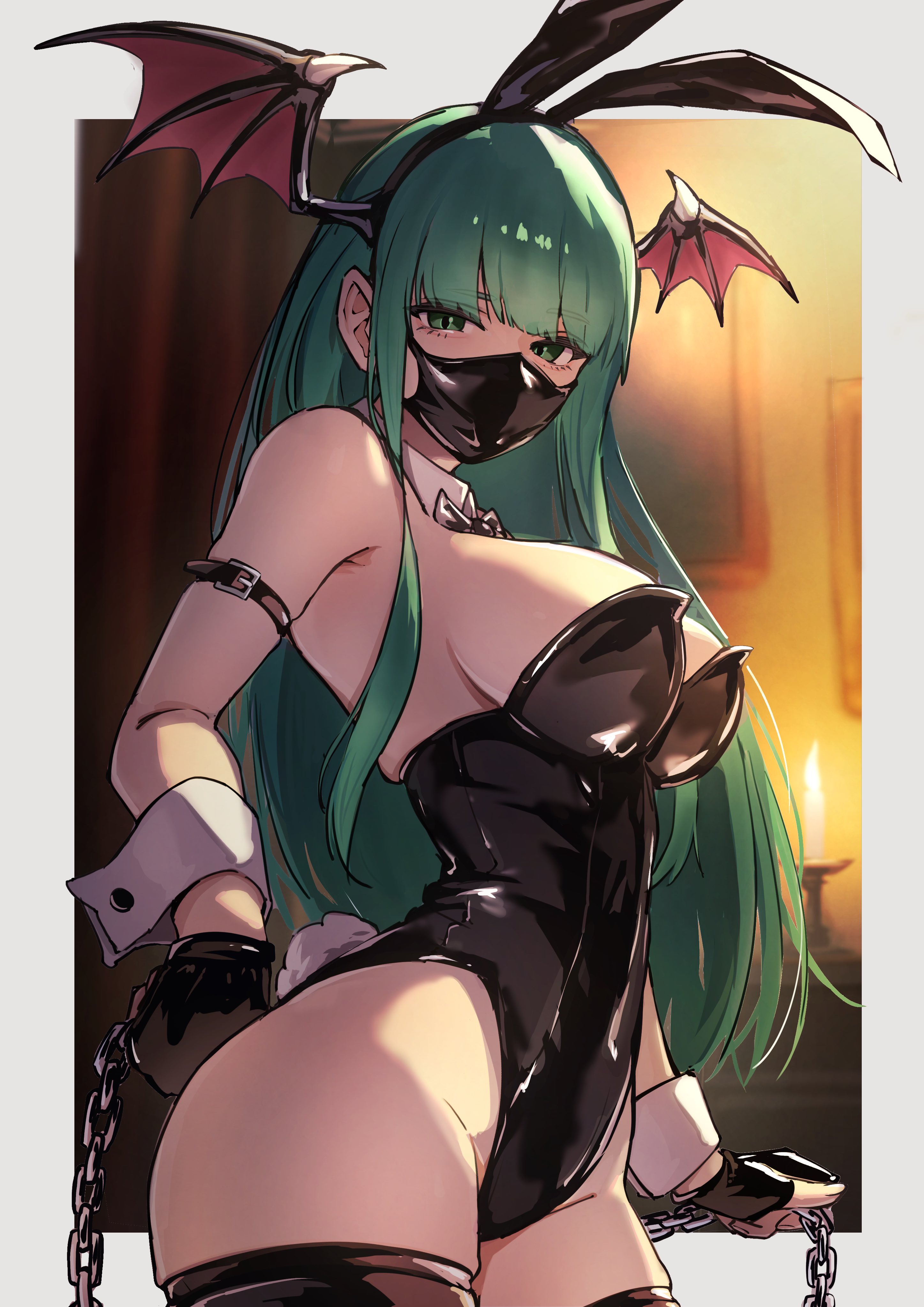 1girls, ap cammy, bat ears, black bunny ears, black bunnysuit, bunny ears, bunnysuit, chains, darkstalkers, female, green eyes, green hair, long hair, mask, morrigan aensland, succubus