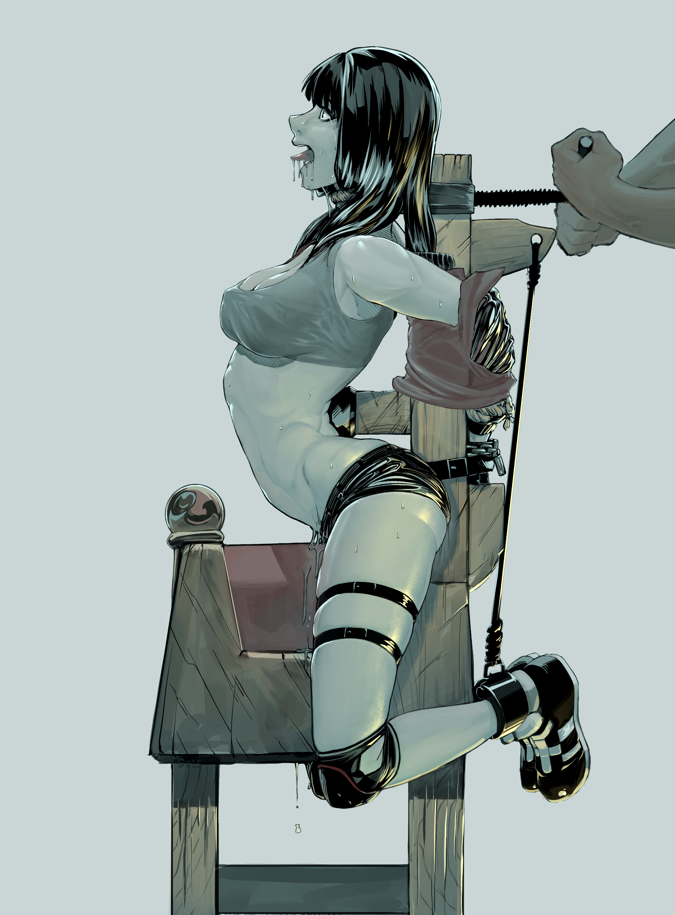 1girls, absurdres, asphyxiation, black hair, bondage, bound, bound arms, breasts, clothed, clothed female, commission, crop top, drool, drooling, execution, female, female focus, femsub, from side, full body, garrote, garrote (torture instrument), guangmi, highres, knee pads, long hair, male, medium breasts, miya (sudden attack), offscreen character, partial male, restrained, saliva, second-party source, short shorts, shorts, solo focus, stationary restraints, sudden attack 2, sweat, tears, thigh strap, tongue, tongue out, torture, torture instruments, variant set, wooden horse