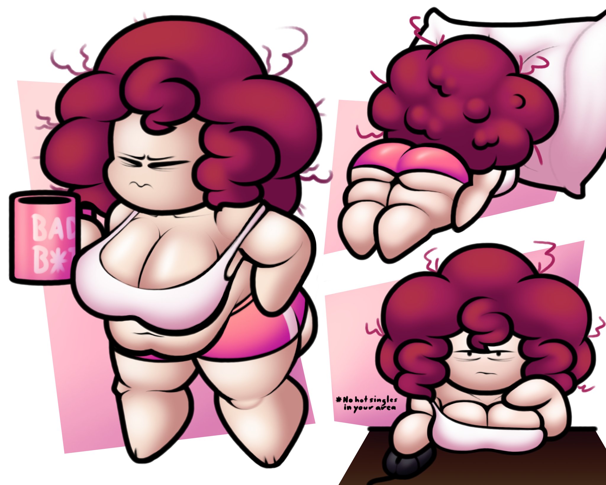 1girls, abstract background, ass peeking out of shorts, big belly bulge, big breasts, breasts, ceeezahtheperson, ceezeeteez, coffee mug, computer mouse, fat arms, female, funnyhoohooman, half-closed eyes, head in pillow, just woke up, laying on stomach, light skin, light-skinned female, lil miss, messy hair, miserable, mug, pillow, pink shorts, puffy hair, red hair, shortstack, squinted eyes, strap slip, stubby legs, tank top, thick legs, thick thighs, tight clothing, tired eyes, venus body, voluptuous