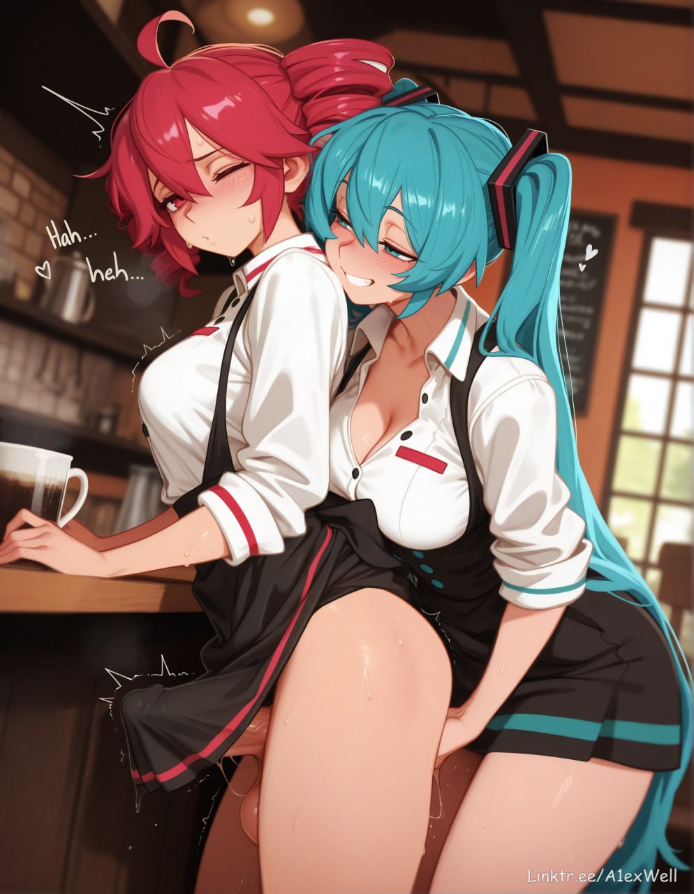 1futa, 1girls, 2girls, a1exwell, ahoge, ai generated, apron, aqua eyes, aqua hair, black skirt, blue eyes, blue hair, blurry, blurry background, blush, breasts, bulge, cafe, cleavage, clothes lift, cock, coffee shop, collarbone, collared shirt, cup, drill hair, english text, erection, erection under clothes, female, femdom, fingering, futa with female, futanari, futasub, grin, hair between eyes, hatsune miku, heart, indoors, intersex, kasane teto, large breasts, large penis, long hair, medium breasts, multiple girls, one eye closed, penis, red eyes, red hair, shirt, skirt, smile, sweat, testicles, trembling, twin drills, twintails, veins, very long hair, vocaloid, white shirt