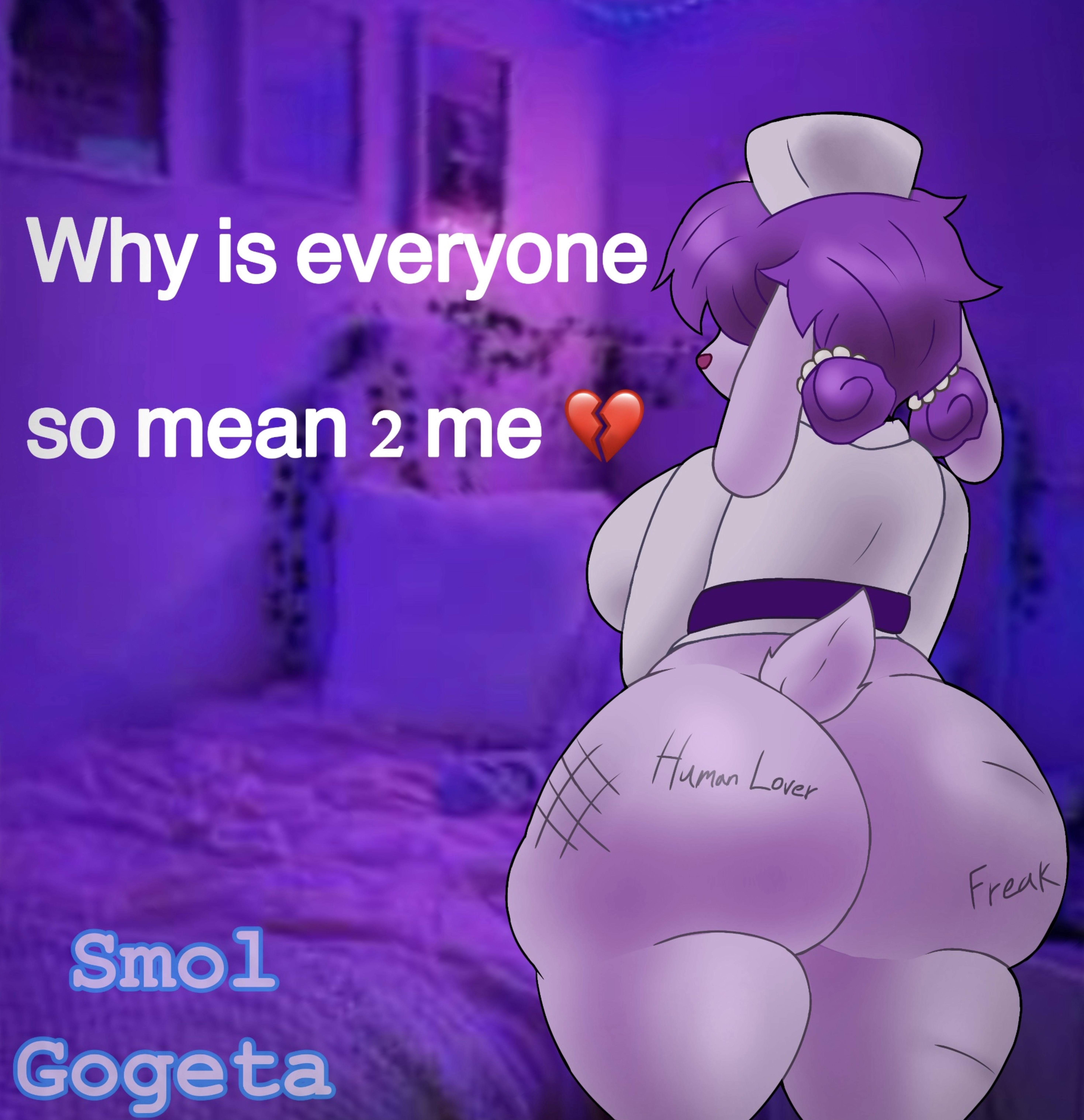 abused, back view, big ass, female, female only, leima (terrible mouse), meme, purple background, purple fur, purple hair, sm0ls c0ck, smol gogeta, tagme, terrible mouse, written body