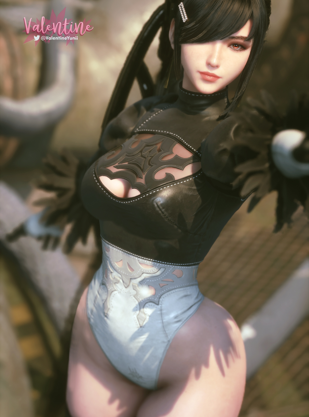 3d, eve (stellar blade), female, leotard, looking at viewer, nier: automata, selfie, solo, stellar blade, twitter username, watermark, yorha 2b (cosplay)