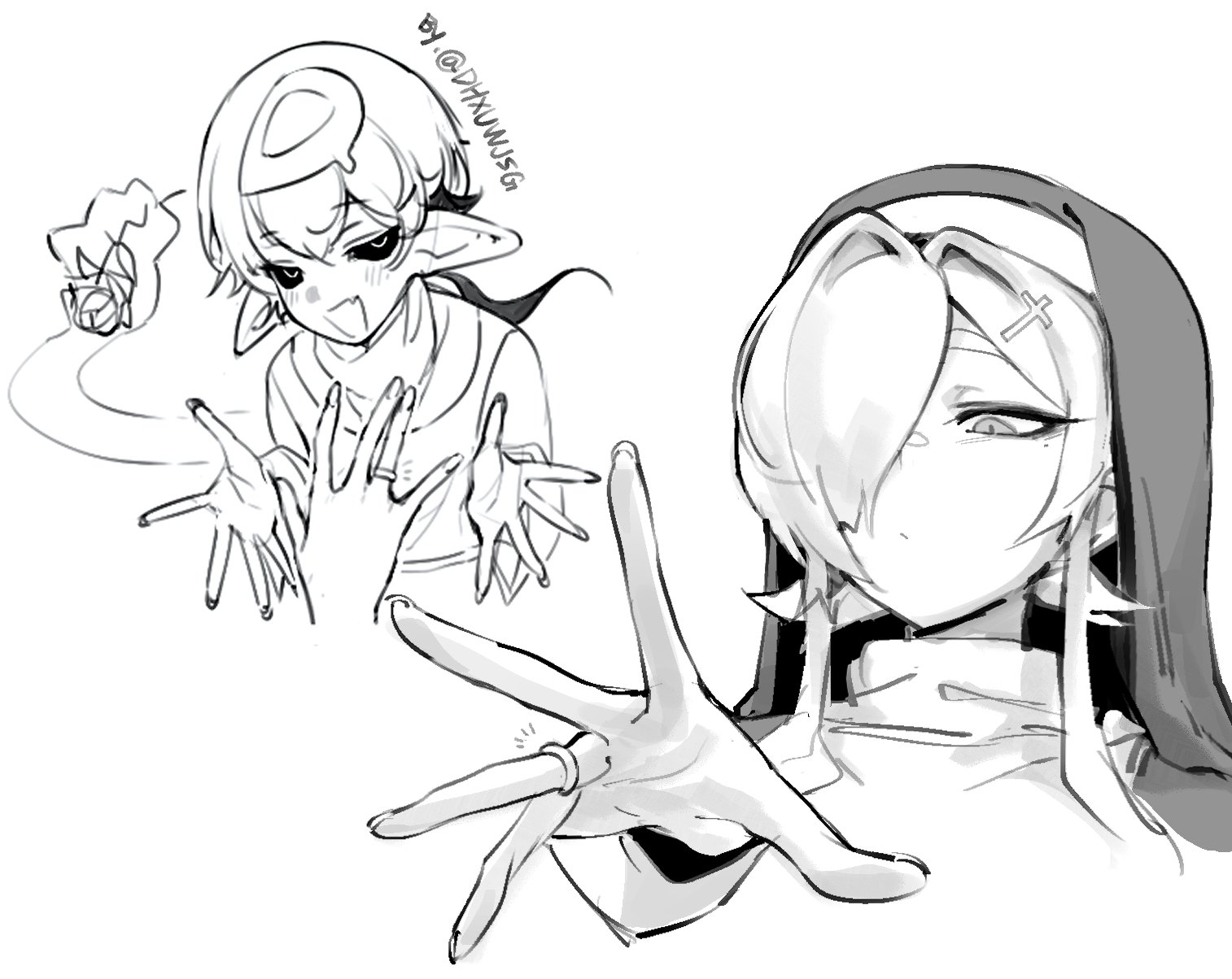 1boy, 1boy1girl, 1girls, bangs, bangs over eyes, black and white, blonde hair, dhxuwjsg, docu (doppel), doppel, hair over one eye, nun, nun (aung ae), nun outfit, older female, proposal, ring, size difference, sketch, small dom big sub, smaller male, tagme, taller female, younger male