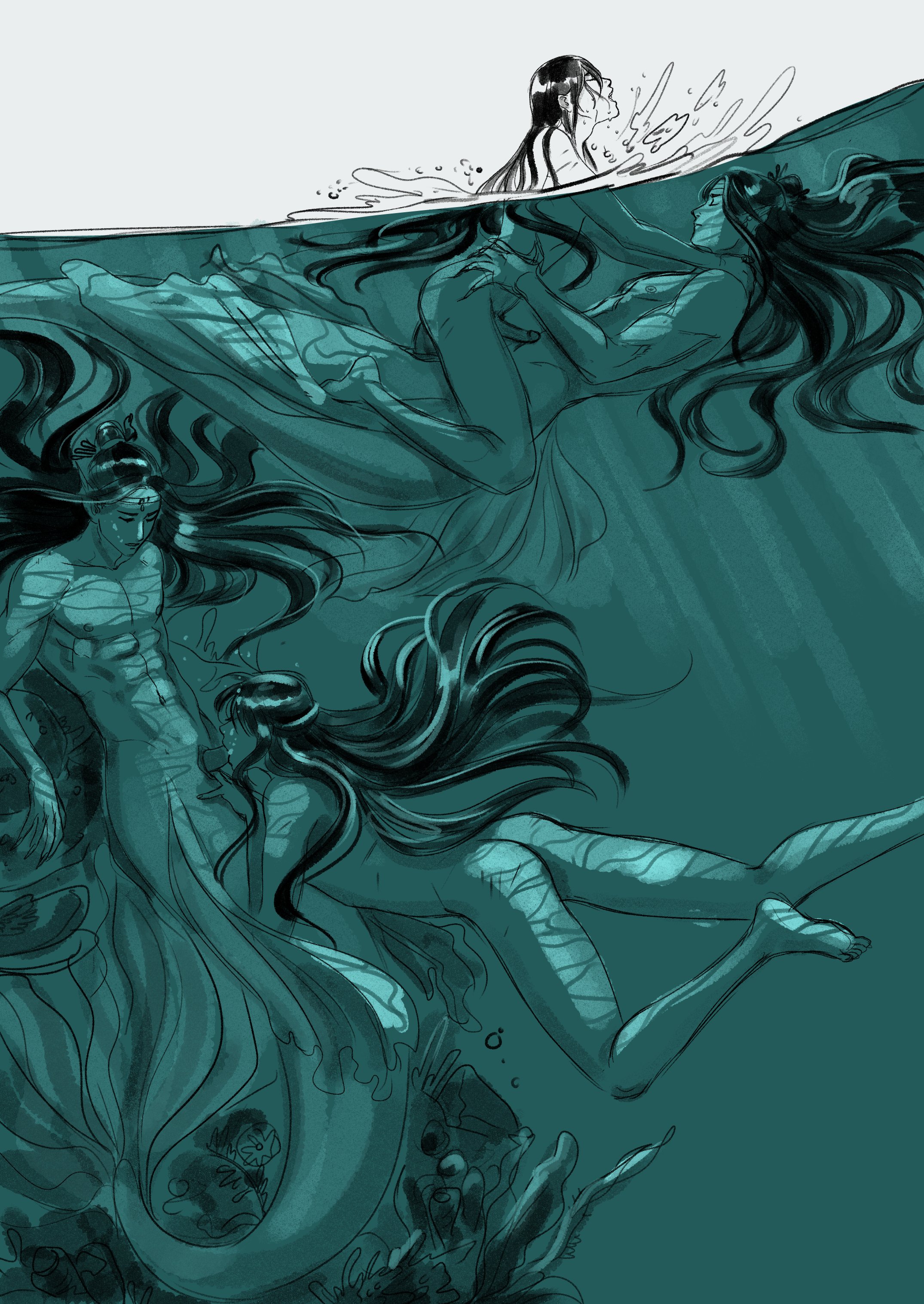 ass grab, blowjob, closed eyes, cowgirl position, lan wangji, male, merfolk, merman, mo dao zu shi, oral sex, sex, underwater, underwater sex, wei wuxian, yaoi