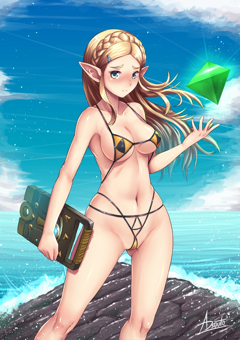 adsouto breath_of_the_wild cleavage demigoddess female female_only micro_bikini nintendo princess_zelda revealing_clothes sheikah_slate skimpy_clothes solo the_legend_of_zelda triforce_bikini zelda_(breath_of_the_wild)