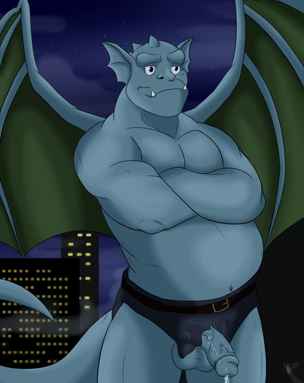 anthro balls belt broadway_(gargoyles) cum_leaking disney gargoyle gargoyles genitals hi_res male male_only penis pumex raised_tail slightly_chubby solo spread_wings vein veiny_penis wings