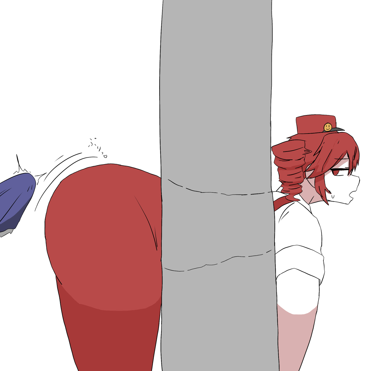 1boy, 1girls, 2d, 2d (artwork), ass, ass focus, big ass, big thighs, bottom heavy, breasts, bulge, byndfridchicken, clothed, clothed female, clothing, erection, fat ass, fat thighs, female, fully clothed, hat, huge ass, huge thighs, imminent penetration, imminent sex, kasane teto, kasane teto (sv), large ass, large thighs, looking back, male, massive ass, massive thighs, mesmerizer (vocaloid), mesmerizer teto, motion lines, mv character, nervous, pants, plump, plump ass, plump thighs, questionable consent, red eyes, red hair, shirt, simple background, slightly chubby, slightly chubby female, small breasts, straight, stuck, stuck in wall, suspenders, sweat, sweating, synthesizer v, thick thighs, thighs, tight clothing, tight pants, tremble spikes, trembling, twin drills, utau, white background