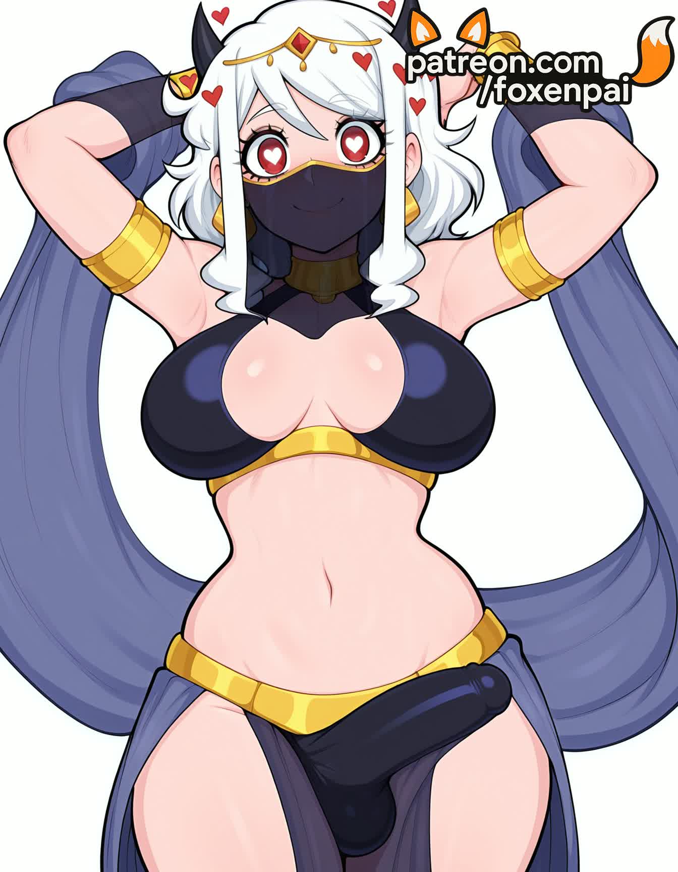 1futa, 2025, ai generated, armlet, artist name, breasts, bulge, bust, chest, cock, dick, foxenpai, futa only, futanari, heart, heart-shaped pupils, helltaker, hi res, high quality, high resolution, highres, intersex, long hair, mask, modeus (helltaker), navel, patreon, patreon username, penis, red eyes, smile, solo, stable diffusion, symbol-shaped pupils, very long hair, watermark, white hair
