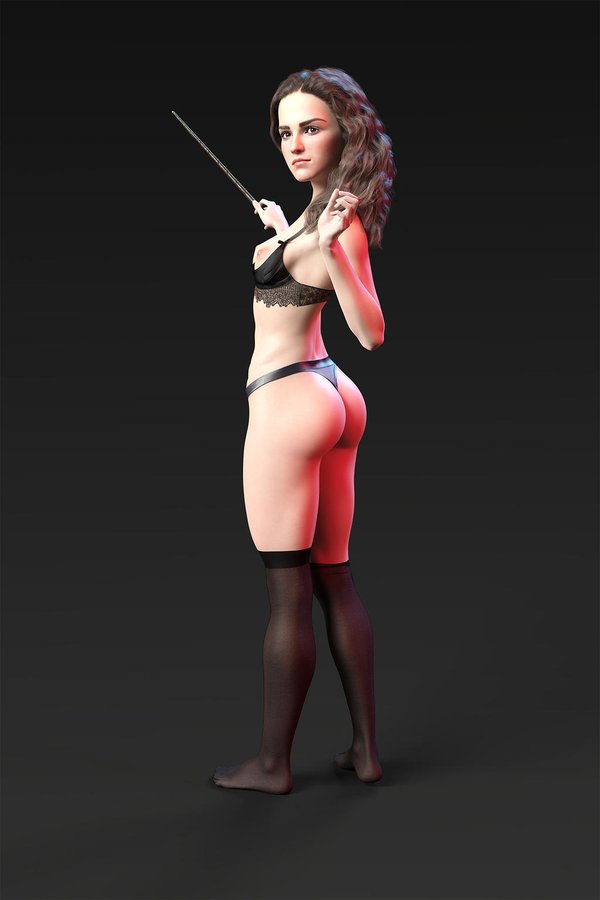 1girls, 3d, ass, breasts, breasts out, brown hair, curly hair, dboxx, emma watson, female, harry potter, hermione granger, legwear, lingerie, magic wand, medium ass, nipples, simple background, small breasts, solo, thong