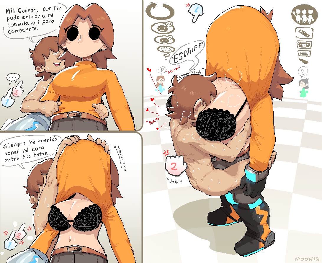 ?, ..., 1boy, 1girls, anger vein, arrow (symbol), artist self-insert, ass, ass grab, assertive female, belt, belt buckle, between breasts, black bra, black clothes, black eyes, black gloves, black panties, black underwear, blush, boots, bra, breast smother, breasts, brown hair, cfnm, checkered, checkered floor, clavicle, cleavage, clinging, clothed female, clothed female nude male, clothes lift, clothing, covered face, cursor, disembodied hand, dress, emotionless, face to breasts, female, footwear, gloves, head between breasts, heart, hearts around head, height difference, hug, huge breasts, kissing, lace, lace bra, lace trim, lace-trimmed bra, large breasts, leg lock, legwear, lifted by self, lilmoonie, lilmoonie (character), long hair, long sleeves, male, medium hair, mii, mii channel, mii gunner, mii gunner (smash 4), mob face, navel, nintendo, nude, nude male, orange dress, orange shirt, orange sweater, orange turtleneck, pants, pantsu, pulling, pulling out, sex, shirt, shirt lift, smell, smelling, sniffing, spanish text, spoken ellipsis, square 4koma, standing, straight, super smash bros., sweat, sweater, text, topless female, turtleneck, underwear, undressing, undressing another, wii cursor