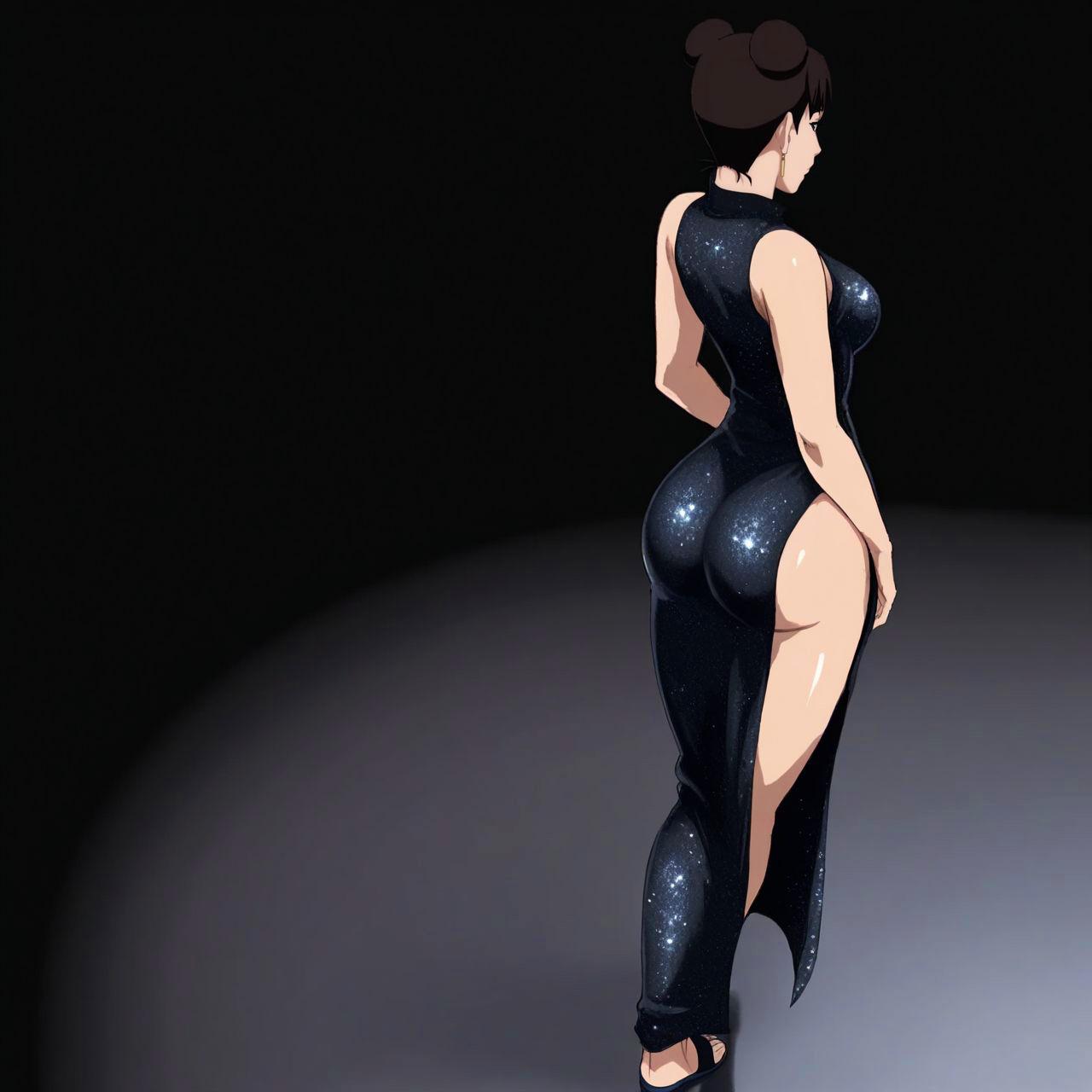 1girls, ai generated, ass, ass focus, back view, bare ass, bare legs, bare shoulders, big breasts, blunt bangs, blush, boruto: naruto next generations, breasts, clothed female, clothing, double bun, dress, female, from behind, full body, glitter dress, huge ass, looking at viewer, looking away, looking back, looking back at viewer, mature, mature female, naruto, naruto (series), naruto shippuden, no panties, party dress, pinup, rear view, revealing clothes, shiny clothes, sideboob, sleeveless, solo, solo focus, standing, tenten, thick ass, twin buns, voluptuous