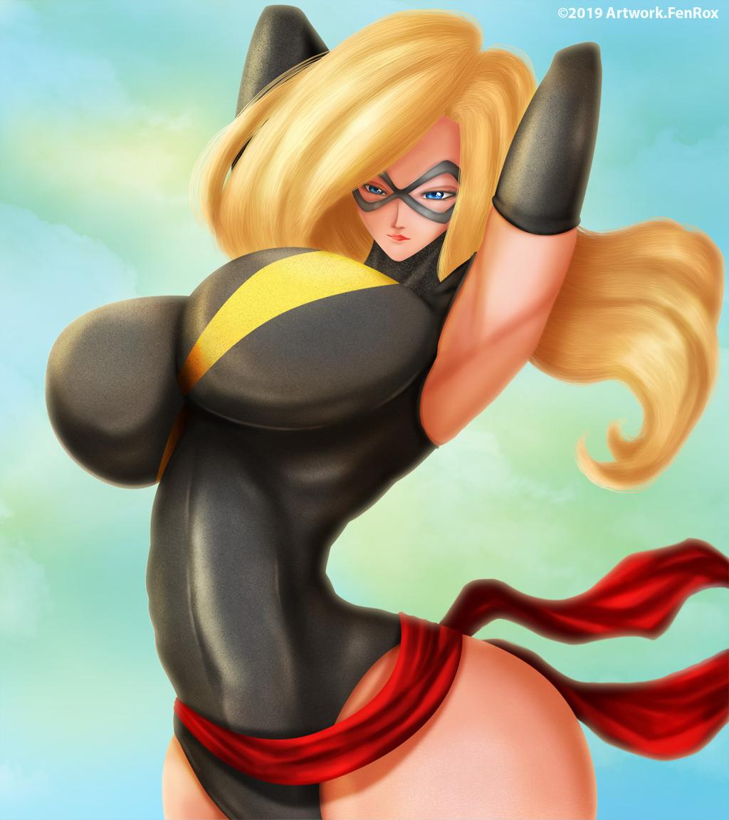 1girls, 2019, alternate costume, arched back, arms behind head, ass, big breasts, blonde hair, blue eyes, breasts, bubble ass, bubble butt, busty, carol danvers, clothing, curvaceous, curves, curvy, curvy body, curvy female, curvy figure, curvy hips, female, female focus, female only, female superhero, fenrox, gigantic breasts, gloves, high heels, hourglass figure, huge breasts, hyper breasts, legwear, long hair, marvel, marvel comics, ms. marvel, ms. marvel (carol danvers), solo, solo female, solo focus, superhero, superheroine, thin waist, upper body, voluptuous, watermark, wide hips