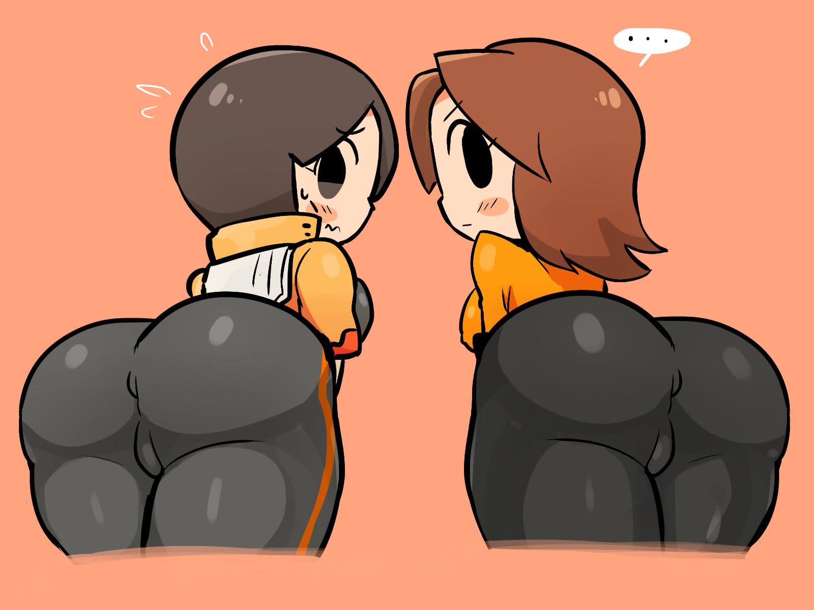 ..., 2 bodysuits, 2girls, anus, ass, ass focus, backboob, bangs, bent over, big ass, big butt, black eyes, black hair, blush, blush stickers, bodysuit, breasts, brown eyes, brown hair, cameltoe, closed mouth, clothing, crap-man, double ass focus, duo, embarrassed, emotionless, eyebrows visible through hair, female, female only, flying sweatdrops, from behind, huge ass, jacket, jaggy lines, jpeg, large ass, light skin, light-skinned female, looking at viewer, looking back, mii, mii gunner, mii gunner (smash 4), mii gunner (smash ultimate), mob face, multiple girls, nervous, nintendo, orange background, pale skin, pale-skinned female, pants, parted bangs, pussy, red hair, shirt, short hair, simple background, skin tight, smile, spoken ellipsis, steam, steaming body, super smash bros., super smash bros. for nintendo 3ds and wii u, super smash bros. ultimate, sweatdrop, sweater, thick, thick thighs, thighs, wavy mouth, wide hips