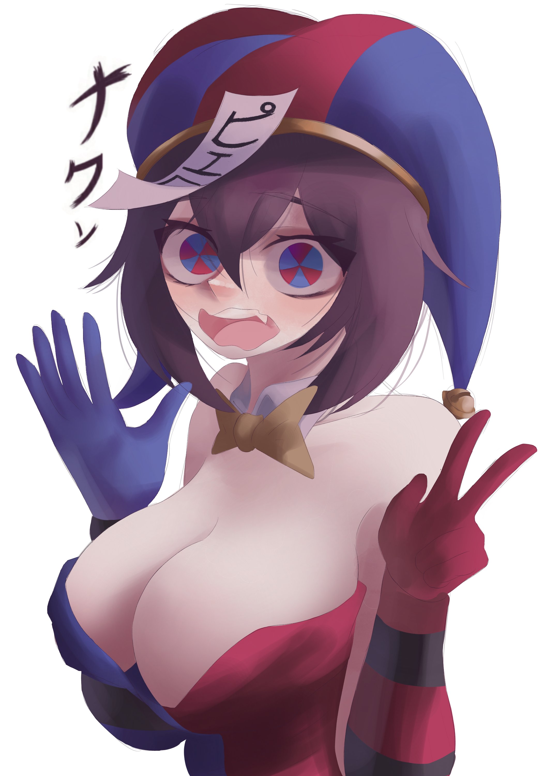 1girls, bare shoulders, bow, bowtie, breasts, brown hair, cleavage, female, glitch productions, gloves, hat, jester hat, large breasts, looking at viewer, naxless, open mouth, pomni (the amazing digital circus), short hair, simple background, solo, solo female, solo focus, the amazing digital circus, translation request, two-tone eyes, white background