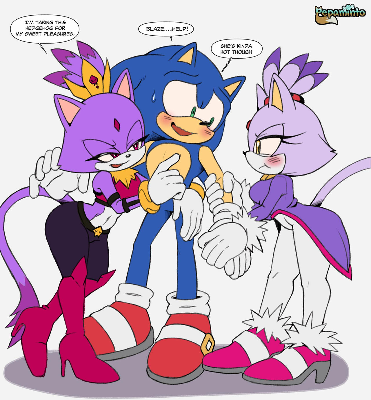 2girls, black pants, blaze the cat, blue fur, blush, catgirl, fan character, female, furry, green eyes, killer queen blaze, nightslayer344, pepamintop, purple clothing, purple fur, red boots, red eyes, sega, sonic (series), sonic the hedgehog, sonic the hedgehog (series), white pants, yellow eyes