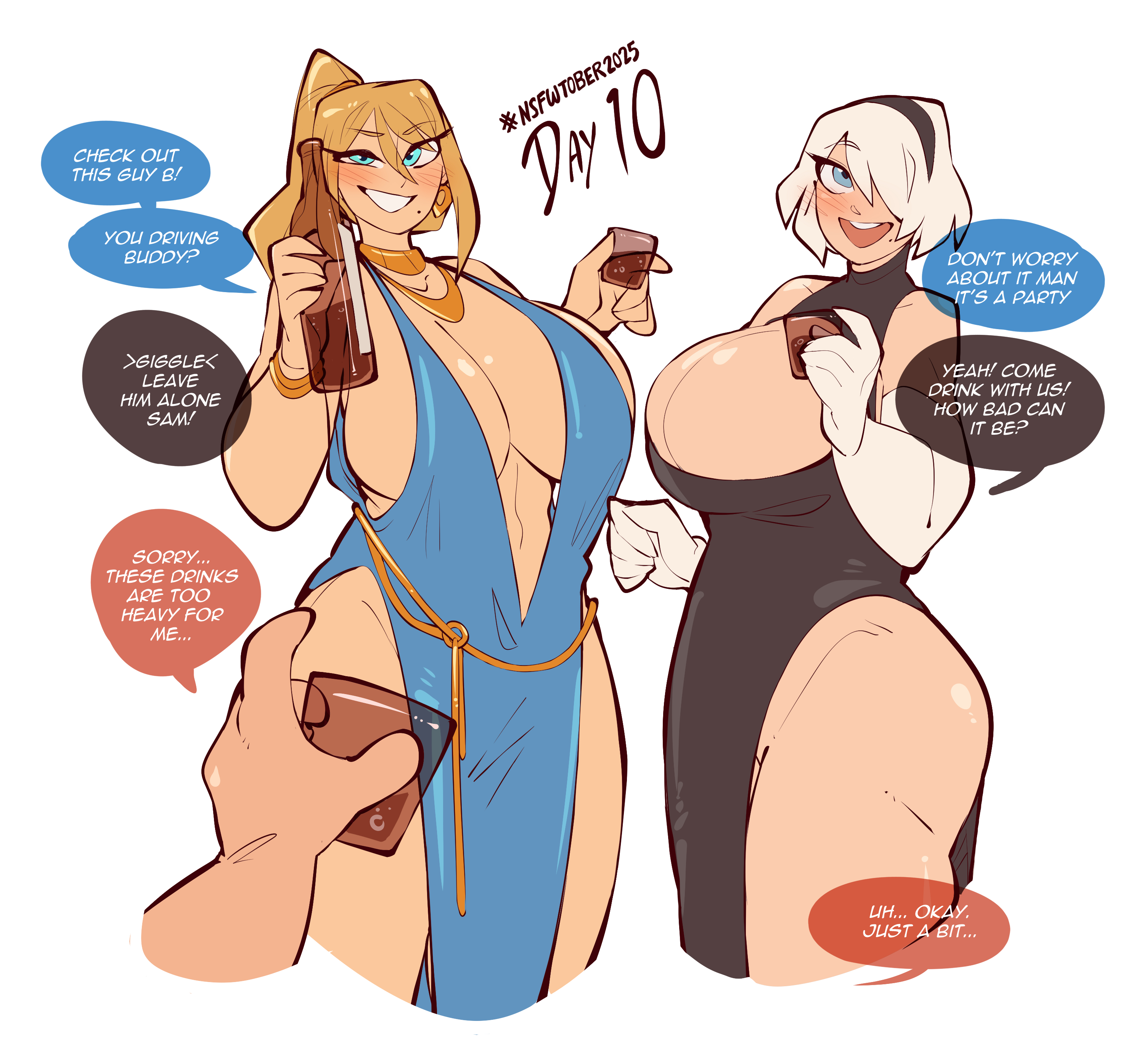 1boy, 2girls, ass, big ass, big breasts, blonde hair, blue eyes, breasts, crossover, dress, english text, female, female focus, huge breasts, large breasts, light skin, light-skinned female, long hair, looking at viewer, male, metroid, multiple females, multiple girls, nier, nier (series), nier: automata, nsfwtober 2025, ponytail, samus aran, saucymojo, short hair, text, thick thighs, thighs, thighs bigger than head, white background, white hair, wide hips, yorha 2b