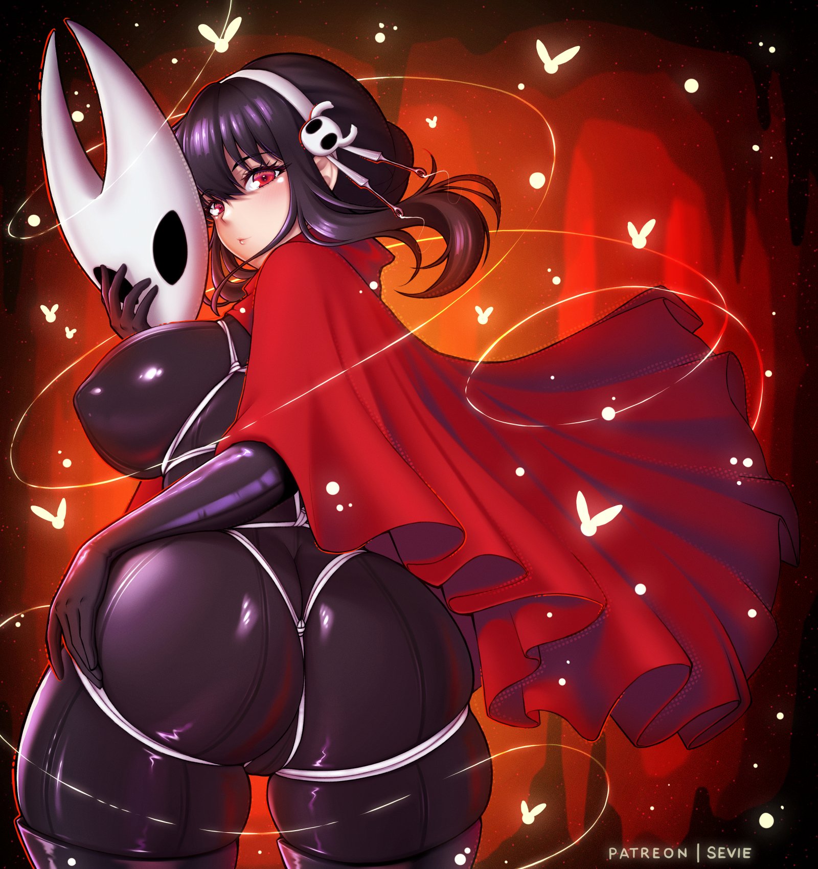 1girls, ass, back, back view, backboob, big ass, big breasts, black bodysuit, black hair, bodysuit, breasts, cloak, cosplay, dat ass, female, female only, hair, hair ornament, hand on ass, holding object, hollow knight, hornet (hollow knight) (cosplay), huge ass, huge breasts, mask, mature, mature female, mature woman, milf, red cloak, red eyes, sevie, solo, solo female, spy x family, string, thick thighs, thighs, tight clothing, tight fit, yor briar