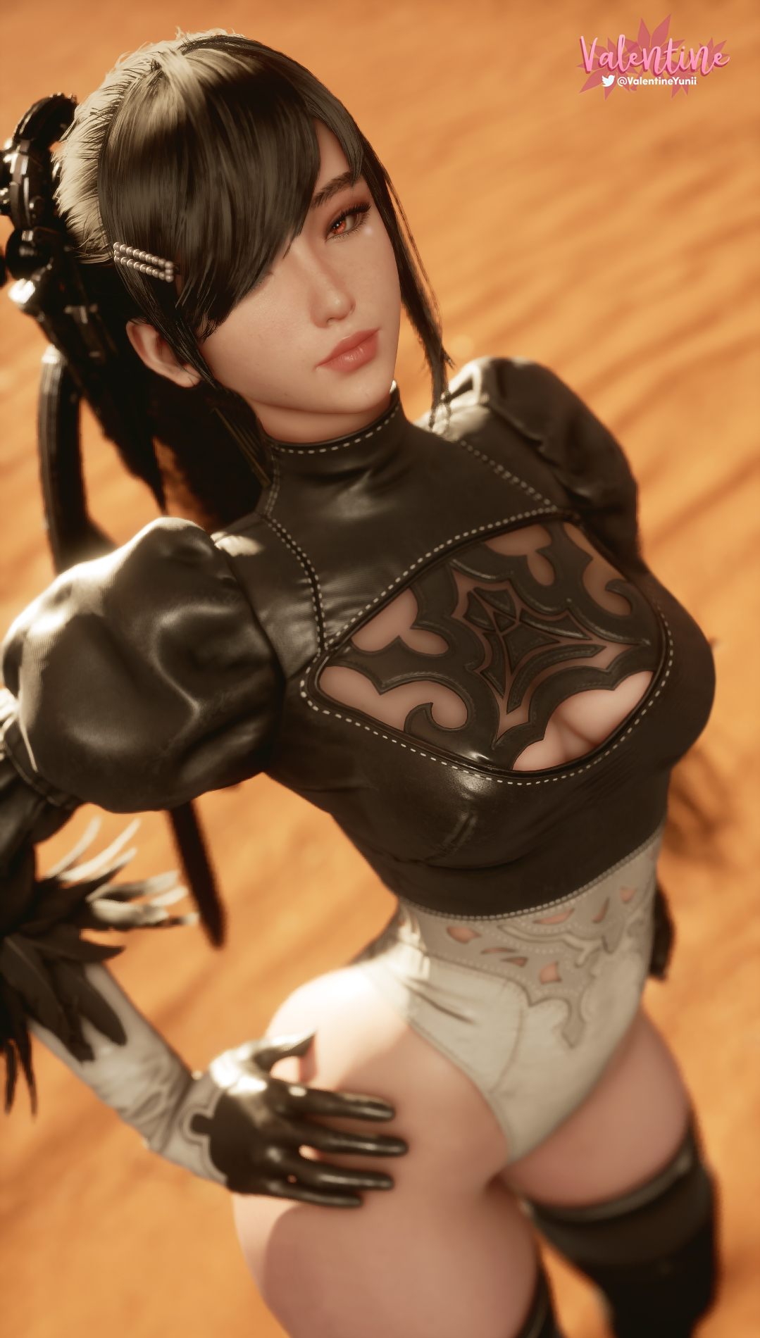 3d, eve (stellar blade), female, leotard, looking at viewer, nier: automata, selfie, solo, stellar blade, twitter username, watermark, yorha 2b (cosplay)