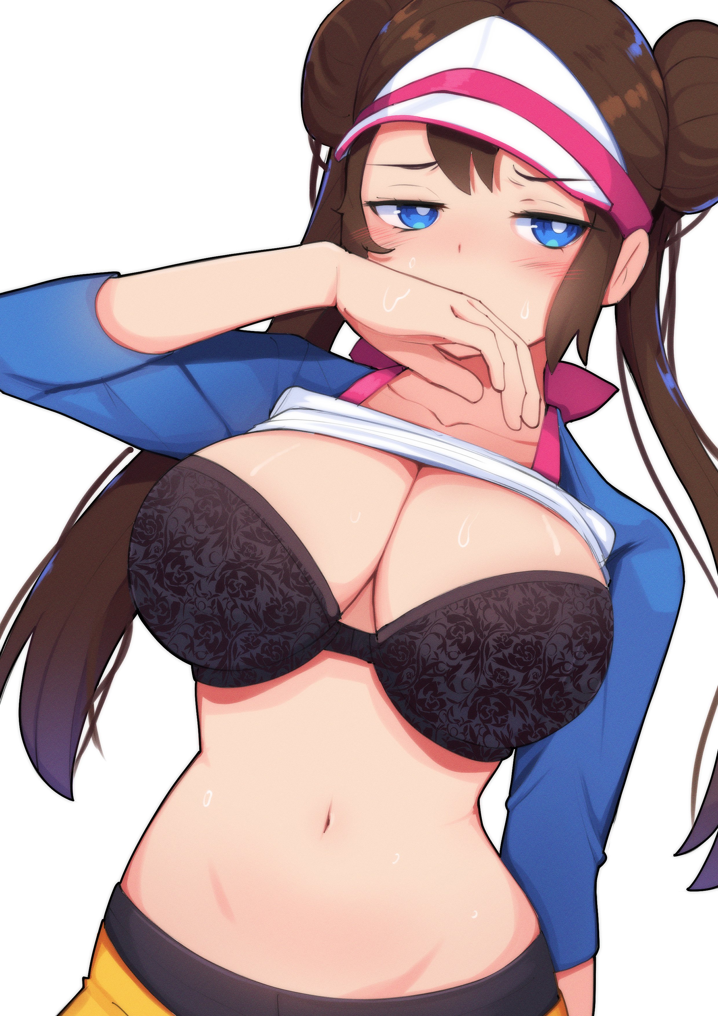 1girls, absurdres, black bra, black pantyhose, blue eyes, blue sleeves, bra, breasts, bright pupils, brown hair, clothes lift, commentary, covering own mouth, donut hair bun, double bun, female, ghelber0, hair bun, highres, lace, lace bra, large breasts, long hair, looking at viewer, navel, nintendo, pantyhose, pantyhose under shorts, pokemon, pokemon bw2, raglan sleeves, rosa (pokemon), shirt lift, shorts, simple background, solo, stomach, symbol-only commentary, twintails, underwear, upper body, visor cap, white background, white pupils, yellow shorts