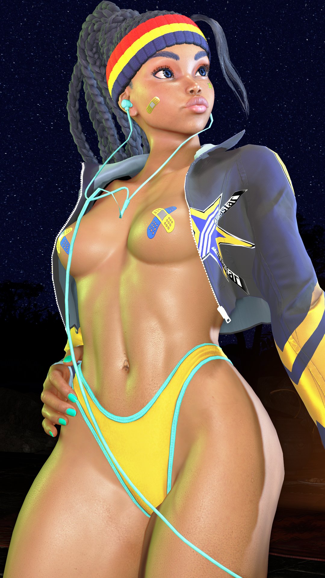 1girls, 3d, aqua nails, bandaid, bandaid on face, bandaids on nipples, bikini, bikini bottom only, bikini tan, black eyes, black hair, black jacket, blue eyes, blue nails, bodypaint, breasts, brown lips, cable, capcom, clothing, cropped jacket, dark skin, dark-skinned female, digital media player, dreadlocks, earbuds, earphones, female, fingernails, hairband, hand on own hip, hat, headband, highleg, highleg bikini, highleg panties, jacket, kimberly jackson, lips, listening to music, long hair, looking to the side, makeup, medium breasts, nail polish, navel, night, night sky, no bra, nose, official alternate costume, open clothes, open jacket, outdoors, panties, pasties, render, screenshot, sf screenshot, sky, solo, standing, star (sky), starry sky, street fighter, street fighter 6, swimsuit, thick eyebrows, thighs, toned, underwear, very dark skin, yellow bikini, yellow hairband, yellow panties
