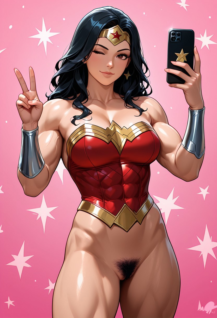 2d, abs, ai generated, black hair, blush, bottomless, bracelet, curly hair, dc, dc comics, diana prince, exposed pussy, female, female pubic hair, holding object, holding phone, long hair, muscles, muscular, muscular female, peace sign, pubic hair, pussy, selfie, smile, solo, solo female, solo focus, tiara, vagina, wink, wonder woman, wonder woman (series)