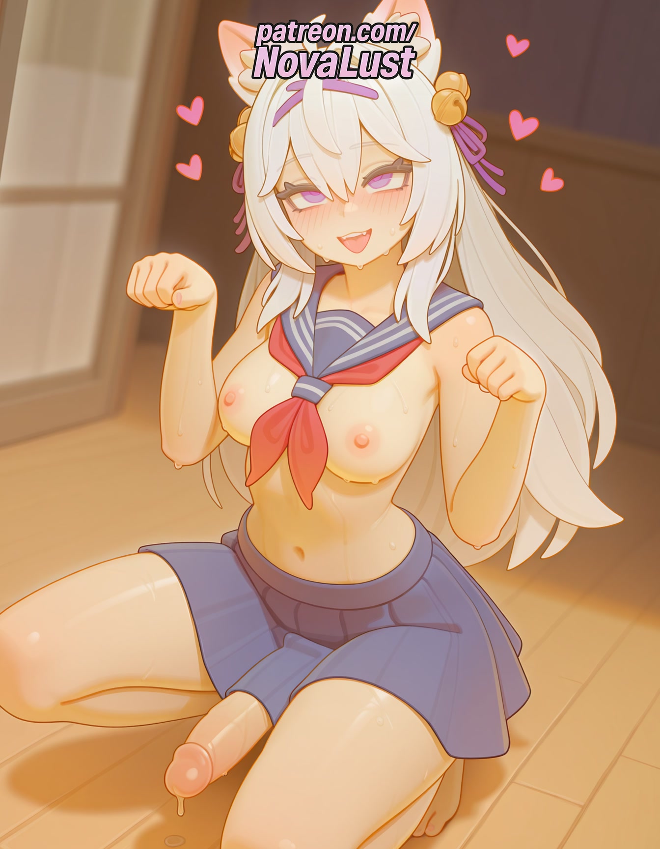1futa, 2025, ai generated, artist name, balls, bell, blurry, blurry background, blush, breasts, bust, chest, clenched hands, cock, cum, dick, erection, exposed nipples, filian (vtuber), foreskin, futanari, hair bell, hair between eyes, heart, heart-shaped pupils, hi res, high quality, high resolution, highres, indoors, intersex, long hair, navel, neckerchief, nipples, nipples outside, novalust, open mouth, otoko no ko, patreon, patreon username, paw pose, penis, ribbon, sailor collar, skirt, smile, solo, stable diffusion, sweat, symbol-shaped pupils, testicles, uncircumcised, virtual youtuber, vtuber, watermark