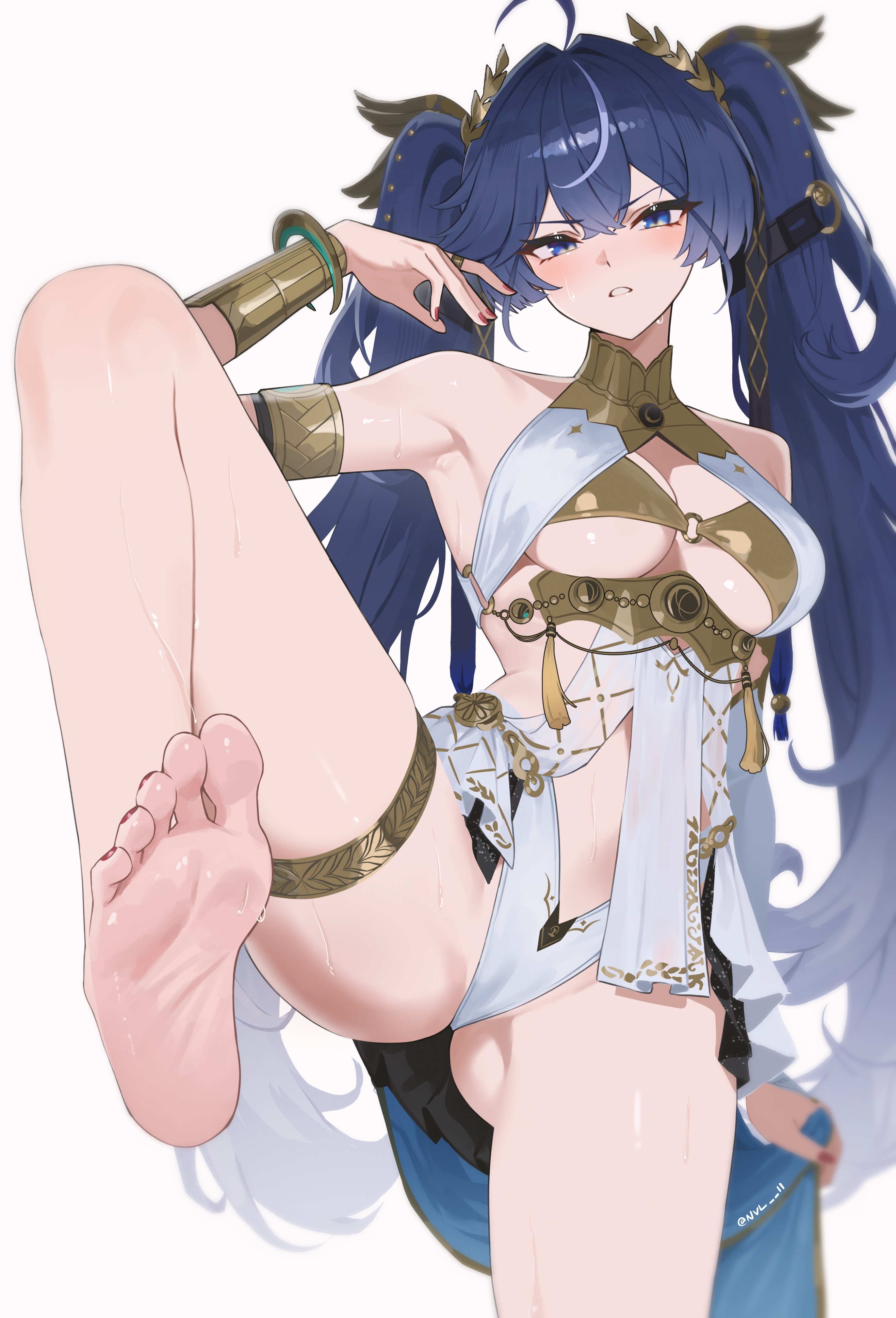 1girls, absurdres, ahoge, ancient greek clothes, armlet, bare shoulders, barefoot, black skirt, blue eyes, blue hair, blush, breasts, cleavage, commentary, egyptian toe, feet, female, female only, foot up, gold bra, greco-roman clothes, hair belt, hand up, head wreath, highres, iuno (wuthering waves), jewelry, long hair, looking at viewer, medium breasts, miniskirt, multicolored hair, nail polish, nvl, parted lips, red nails, shirt around one leg, showgirl skirt, simple background, skirt, soles, solo, streaked hair, sweat, thighlet, thighs, toenail polish, toenails, toes, twintails, twitter username, very long hair, white background, wuthering waves