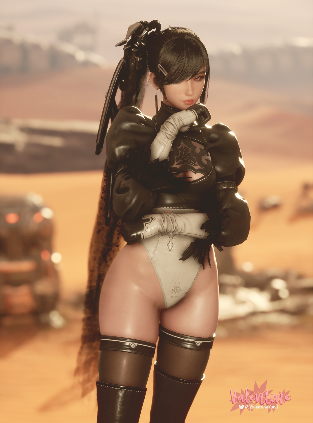3d, eve (stellar blade), female, leotard, looking at viewer, nier: automata, selfie, solo, stellar blade, twitter username, watermark, yorha 2b, yorha 2b (cosplay)