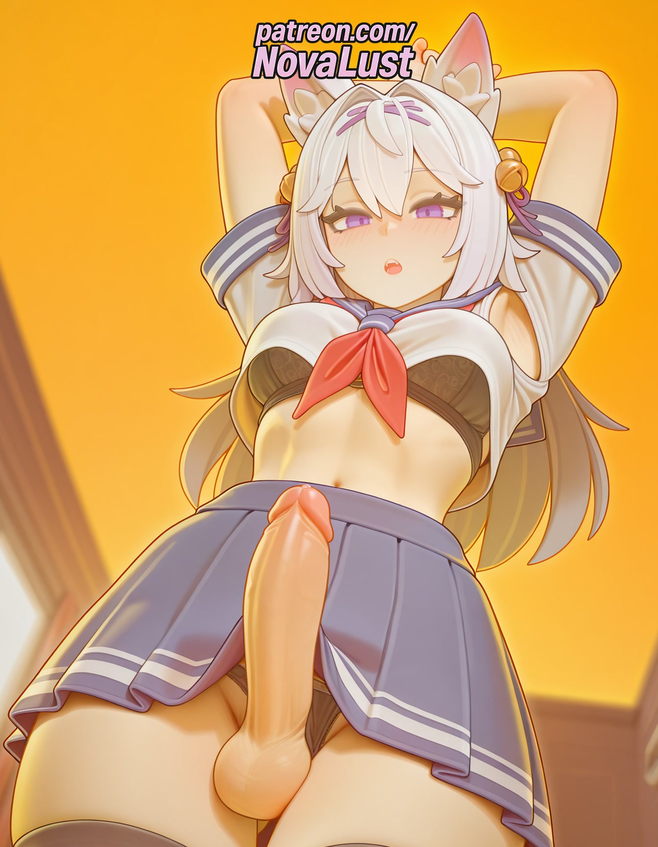 1futa, 2025, ai generated, animal ears, arms behind head, artist name, balls, bra, breasts, cock, dick, erection, filian (vtuber), foreskin, futa focus, futanari, hi res, high quality, high resolution, highres, intersex, long hair, mole, navel, novalust, orange background, orange sky, otoko no ko, patreon, patreon username, penis, purple eyes, sailor collar, school uniform, serafuku, skirt, solo, stable diffusion, sunset, testicles, tight foreskin, uncircumcised, underwear, virtual youtuber, vtuber, watermark, yellow background
