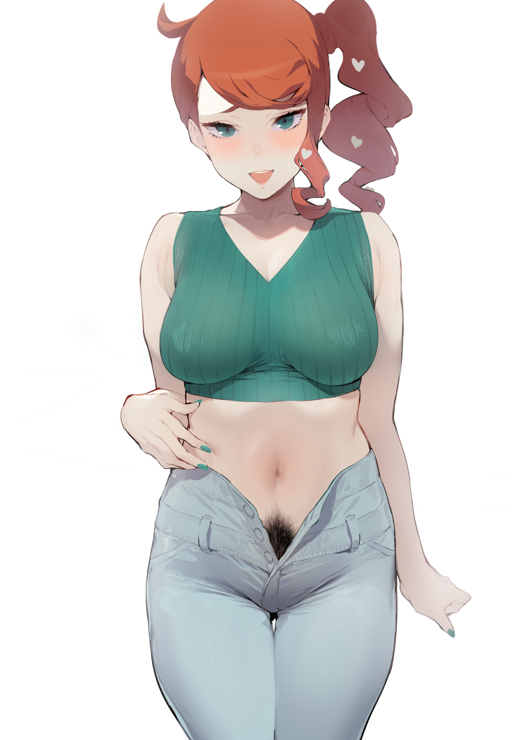 1girls, big breasts, breasts, female, hairy, human, iku (ikuchan kaoru), light skin, light-skinned female, nintendo, orange hair, pale skin, pale-skinned female, pokemon, pokemon ss, ponytail, pubic hair, side ponytail, sonia (pokemon), unzipped pants