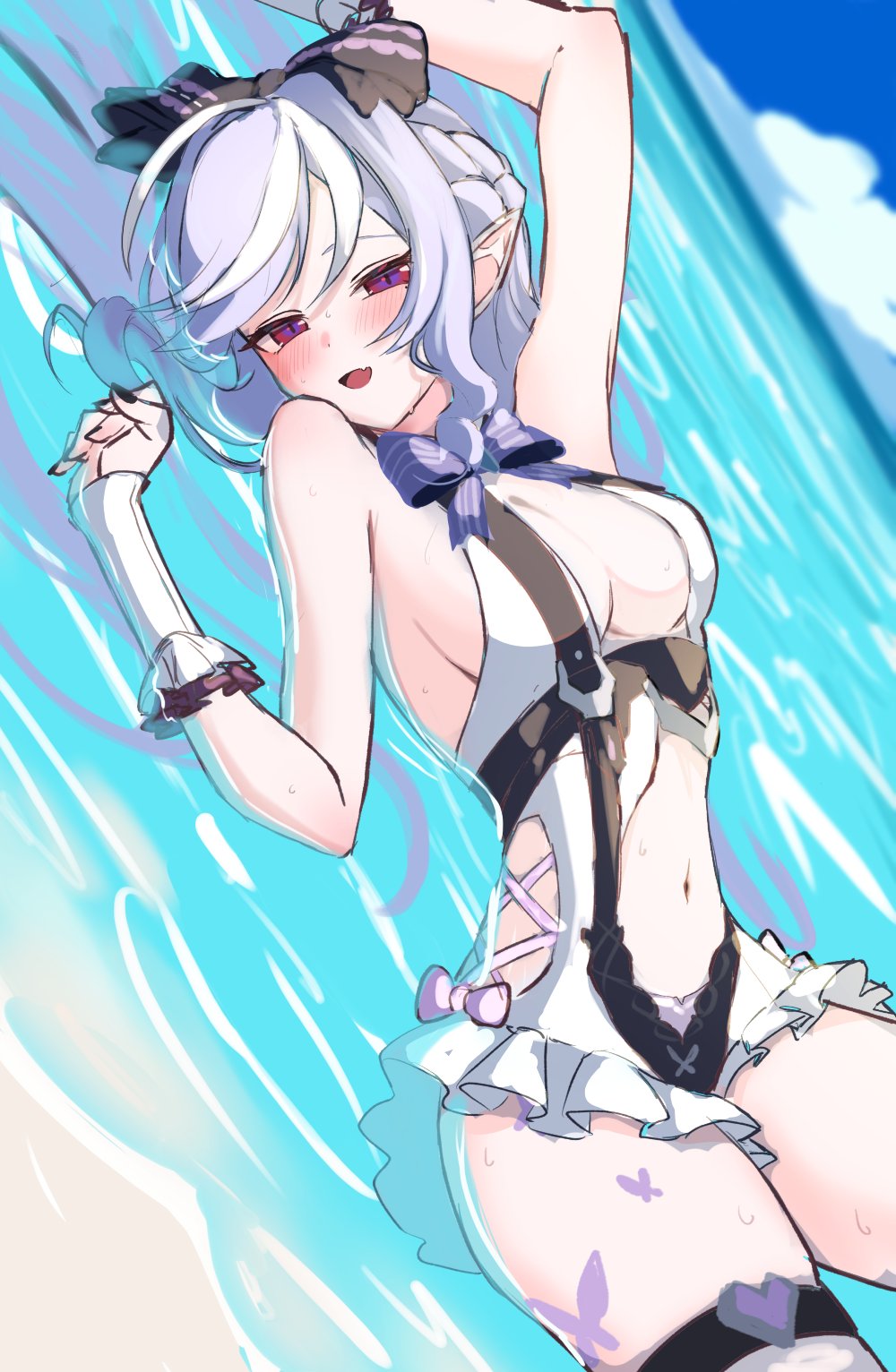 1girls, beach, breasts, ehara ameo, exposed breasts, female, female focus, female only, highres, hoyoverse, legs, long hair, mihoyo, official alternate costume, pale skin, pale-skinned female, purple hair, red eyes, sideboob, swimsuit, vivian banshee, vivian banshee (iris of the shore), water, white swimsuit, zenless zone zero