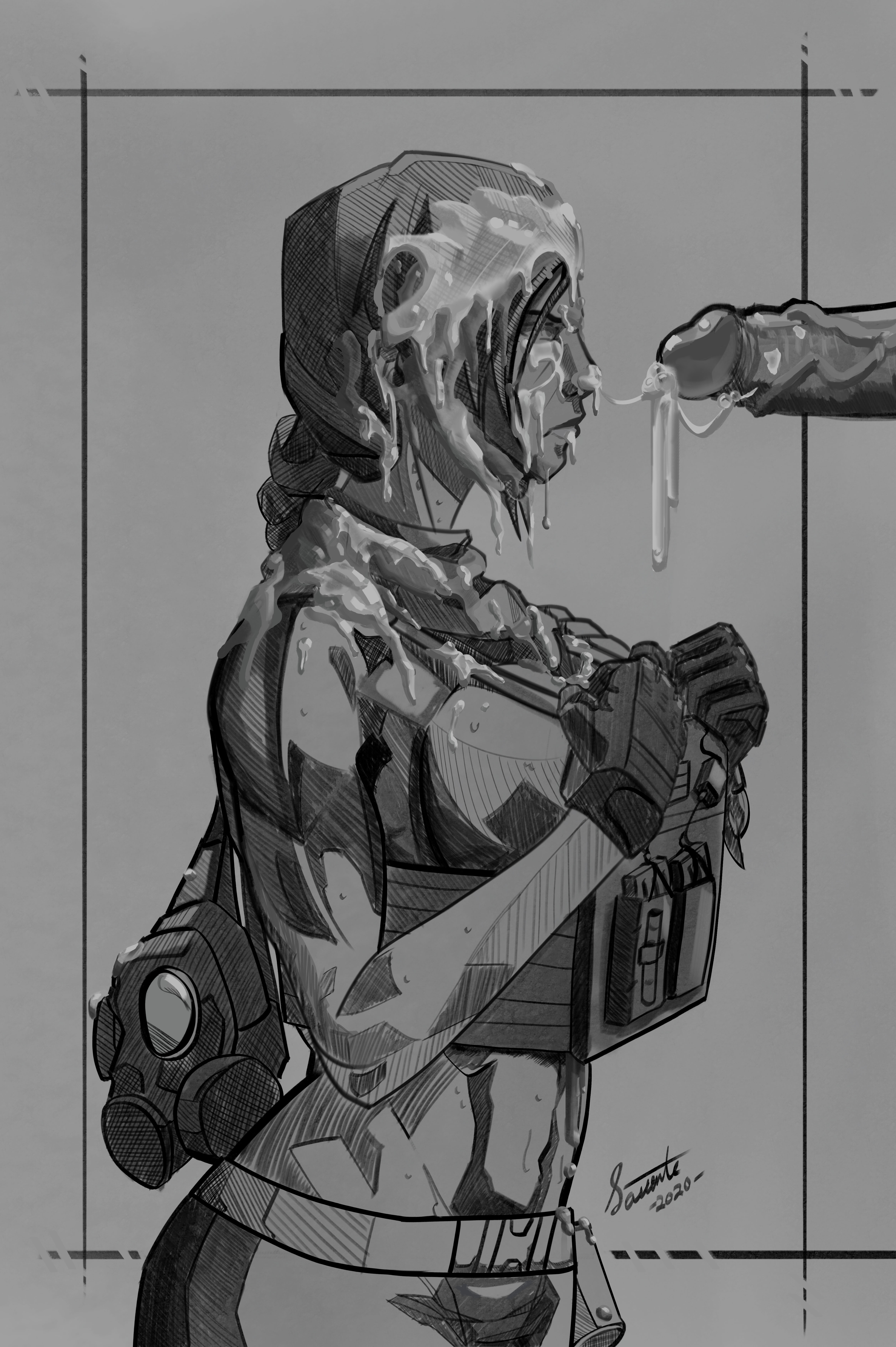 1girls, 2020, artist name, big penis, bulletproof vest, call of duty, call of duty modern warfare (2019), clothing, cum, cum drip, cum on clothes, cum on face, cum on hair, cum on lips, cum on mask, cum on nose, cum string, cumming, dated, disembodied penis, dripping cum, erection, female, female focus, fully clothed, gas mask, gloves, greyscale, highres, huge penis, large penis, male, mara (cod), mask, military, military uniform, monochrome, navel, penis, ponytail, saccente, scarf, signature, sketch, standing, veiny penis, vest