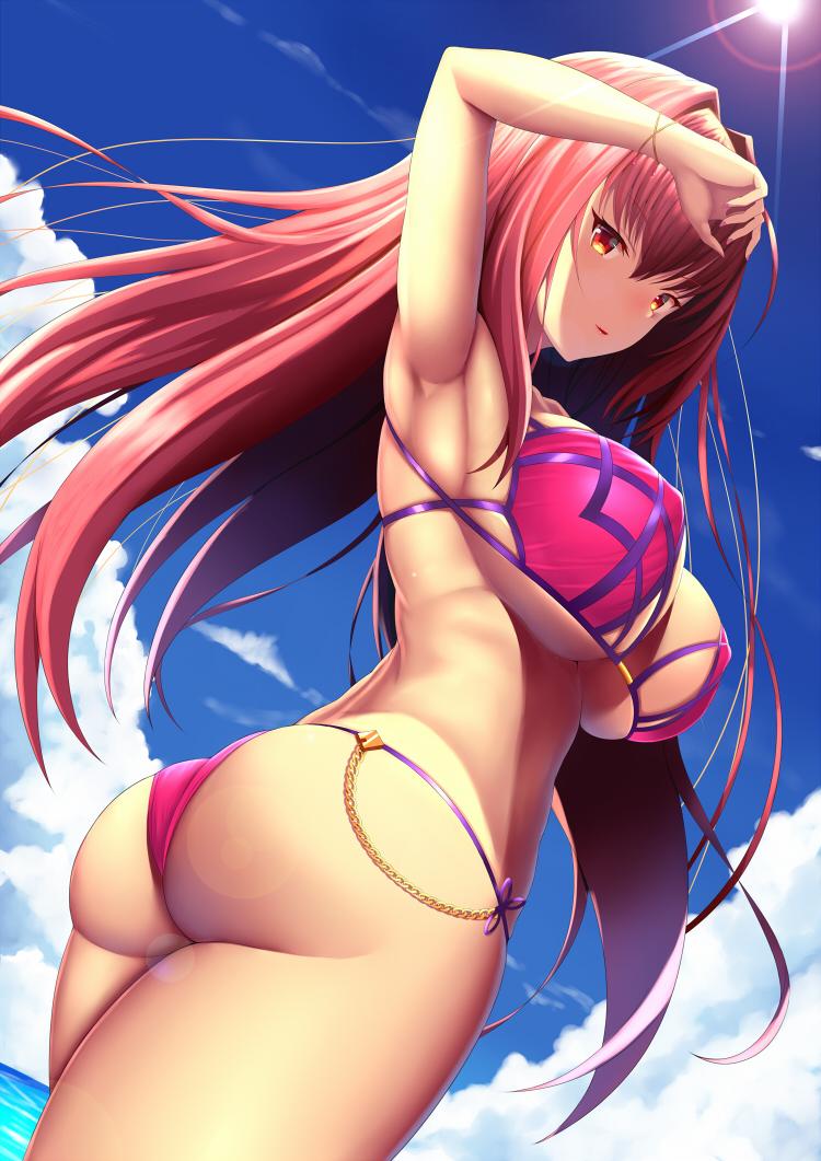 1girls arm_up armpit ass big_ass bikini breasts color cowboy_shot eyebrows fate/grand_order fate_(series) female_ass huge_breasts large_breasts long_hair looking_at_viewer looking_back looking_back_at_viewer purple_eyebrows purple_hair red_eyes scathach_(fate) scathach_(swimsuit_assassin) solo thighs underboob zukky