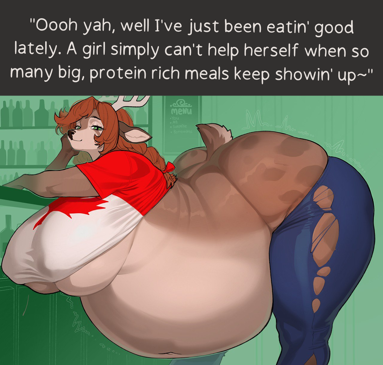 after vore, belly, clothing, deer, english text, female, hi res, hyper, hyper belly, hyper breasts, hyper butt, mammal, obese female, text, torn clothing, vore, vore belly, wetsealky