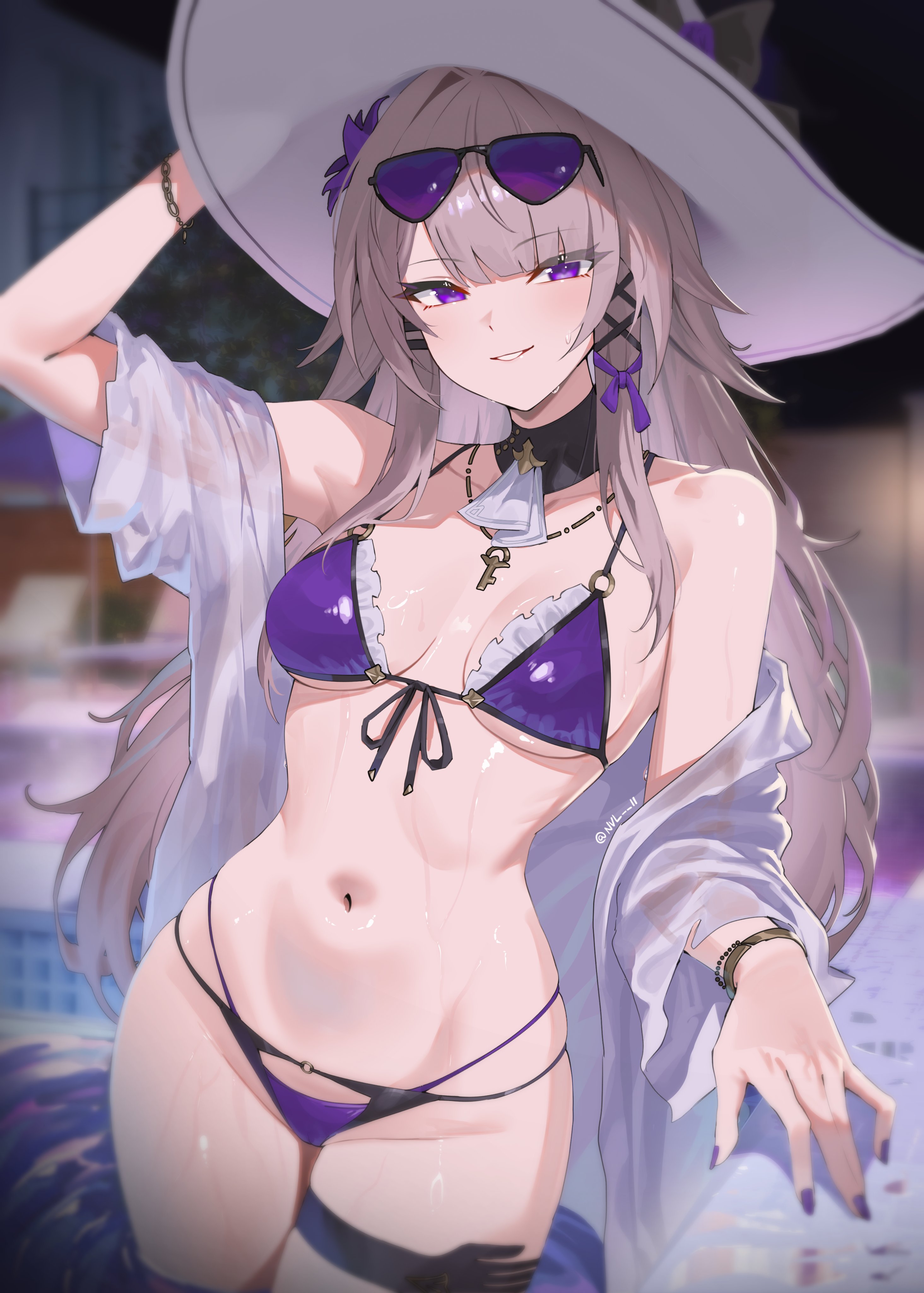 1girls, absurdres, alternate costume, ascot, bare shoulders, bikini, blurry, blurry background, breasts, brown hair, commentary, eyewear on head, female, female only, fingernails, flower, front-tie bikini top, front-tie top, groin, hair flower, hair ornament, hair ribbon, hand on headwear, hand on own hat, hat, highres, honkai (series), jewelry, key, key necklace, long hair, looking at viewer, medium breasts, multi-strapped bikini bottom, nail polish, navel, necklace, nvl, open clothes, open shirt, parted lips, purple bikini, purple eyes, purple flower, purple nails, purple ribbon, purple-tinted eyewear, ribbon, shirt, smile, solo, stomach, sunglasses, swimsuit, thighs, tinted eyewear, twitter username, very long hair, wet, white ascot, white hat, white shirt, witch hat