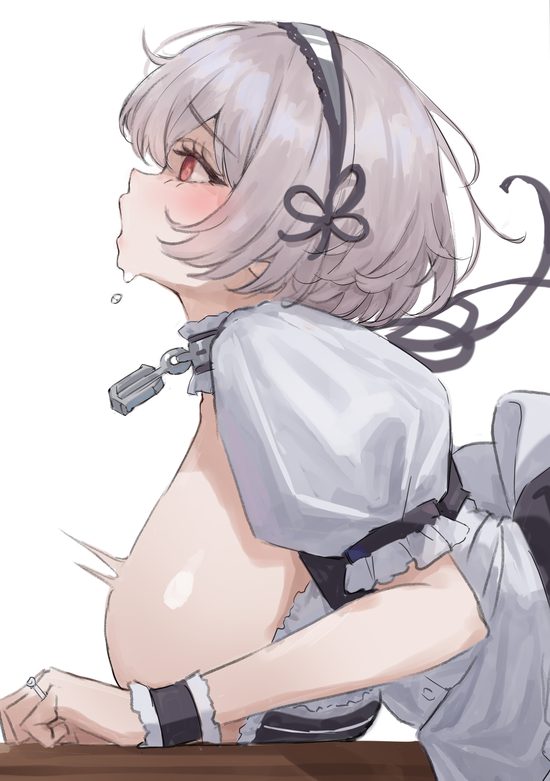 azur lane, blush, breasts, breasts out, cg, classic (zildjian33), doggy style, dress, female, from side, jewelry, large breasts, puffy sleeves, red eyes, short hair, short sleeves, simple background, sirius (azur lane), solo, white background, white hair