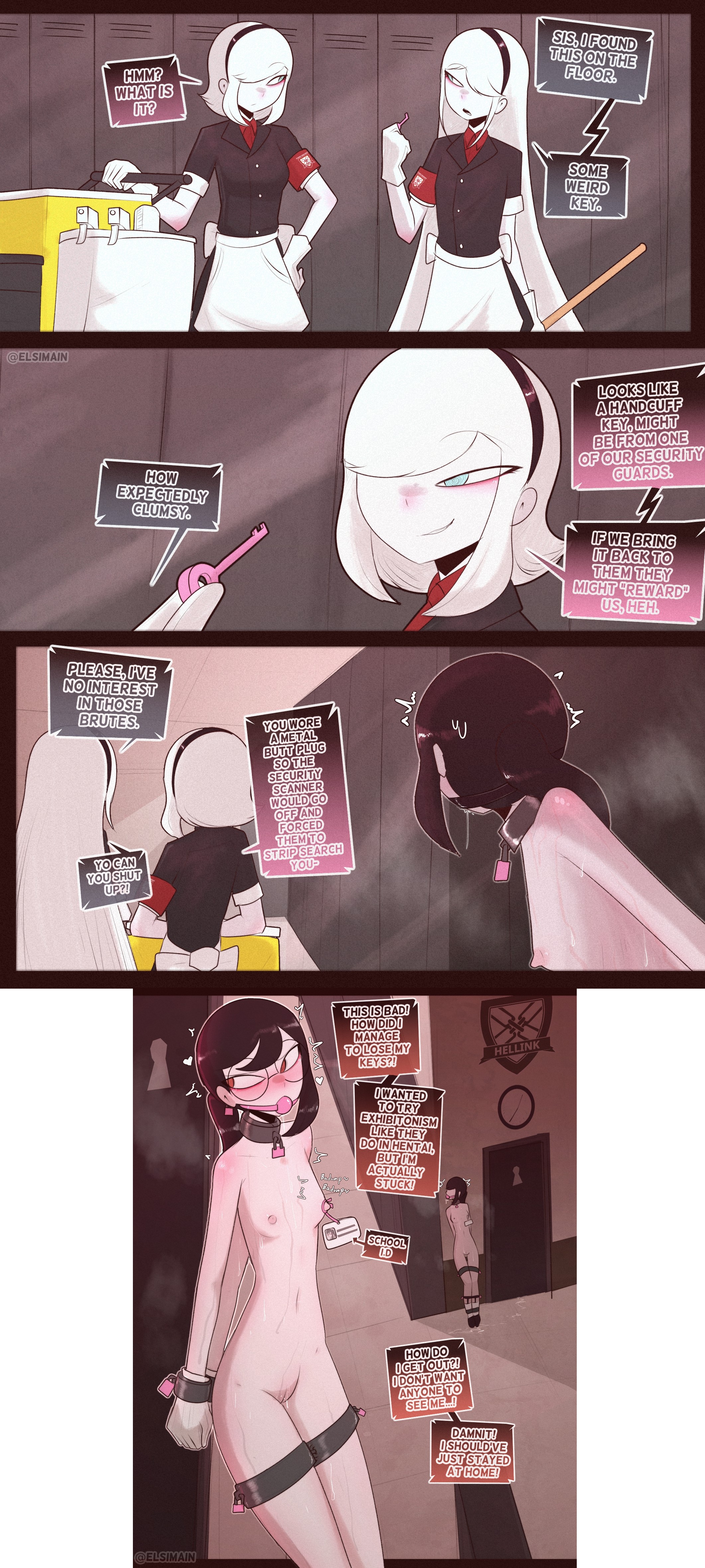 1boy, 2d, 2girls, andie (elsimain), andy (elsimain), armband, ball gag, black hair, blonde hair, blue eyes, blush, bondage, bound, bound legs, bound wrists, breasts, collar, comic, dialogue, elsimain, english, english dialogue, english text, exhibitionism, exhibitionist, female, femboy, glasses, hairless pussy, handcuffs, hi res, id card, key, locker, male, marcy (elsimain), metal collar, multiple images, naked, naked female, nipple tag, nipples, nude, nude female, nudity, padlock, padlocked collar, ponytail, public, public nudity, pussy, pussy juice, pussy juice trail, red eyes, restrained, school, self bondage, self bondage gone wrong, shoes, shoes only, siblings, small breasts, socks, socks only, sweat, text, thigh cuffs