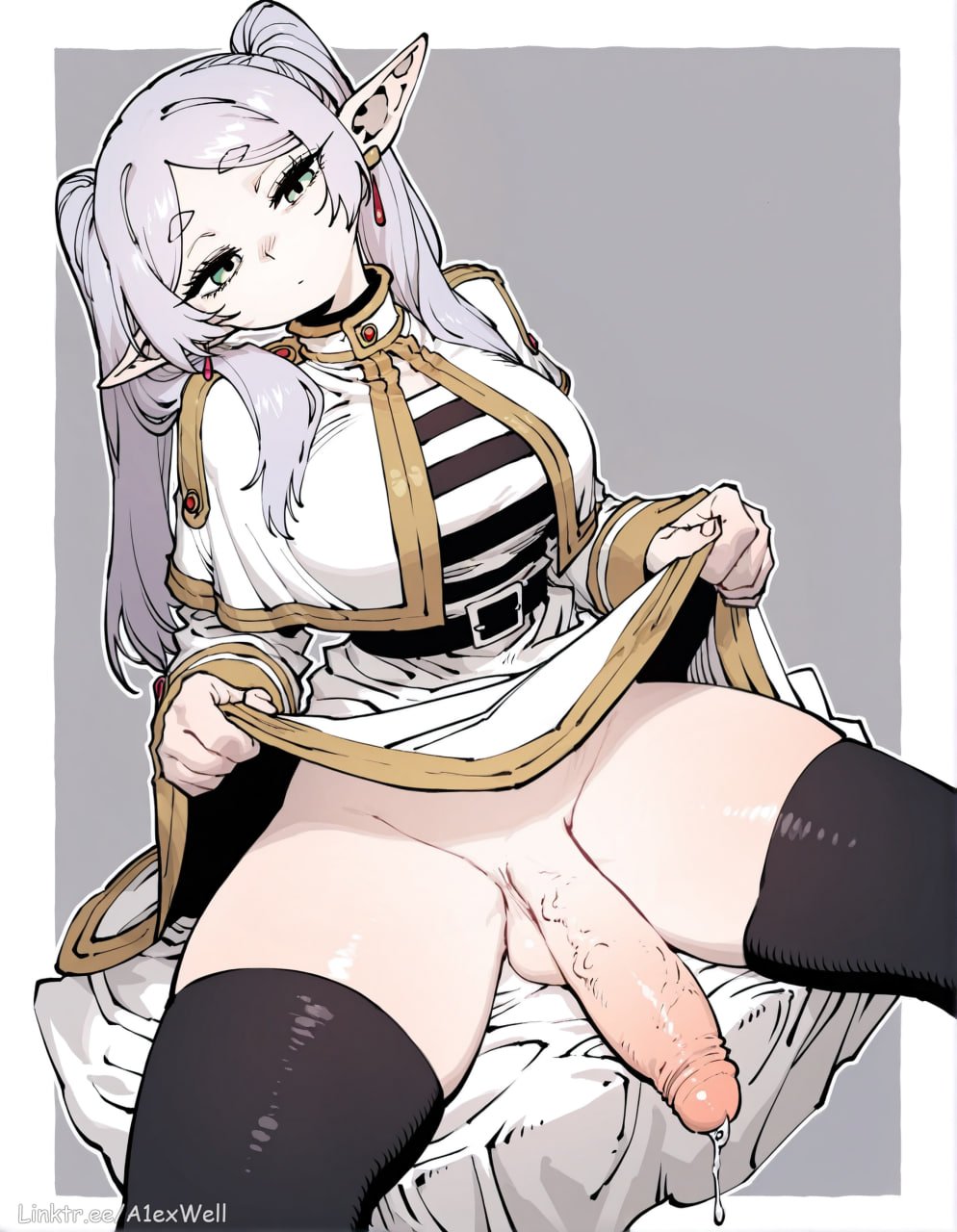 1futa, a1exwell, ai generated, bored, cum string, dress lift, dress lifted by self, elf, elf ears, frieren, frieren beyond journey's end, futa only, futanari, imminent fellatio, imminent oral, intersex, looking at viewer, no panties, pent up, precum, presenting, silver eyes, silver hair, skirt lift, thighhighs, throbbing penis