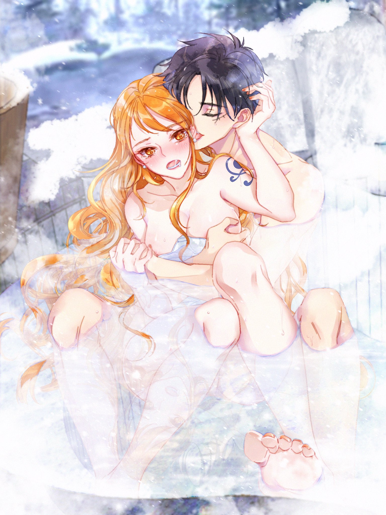1boy, 1girls, arm tattoo, bath, bathing, bathing together, black hair, black-haired male, blue tattoo, blush, breasts, completely nude, couple, cute, ear licking, feet, female, hot spring, huge breasts, hugging from behind, licking, male, mixed bathing, monkey d luffy, muscular, muscular male, nami (one piece), nude, nude female, nude male, one piece, orange hair, orange-haired female, post-timeskip, romantic, scar, steam, tanrucy, tattoo, tattoo on arm, tattooed arm, towel, towel only, water, wholesome