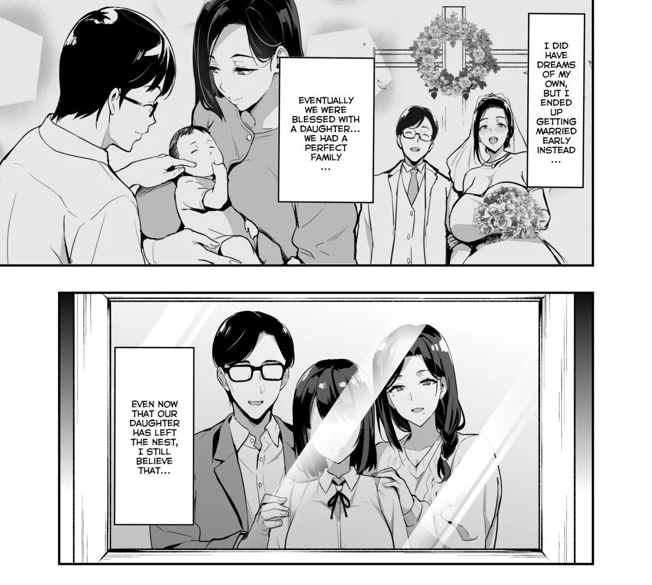 1boy, 1girls, beauty mark, big breasts, big lips, blush, breasts, child bearing hips, cleavage, curvy, family, female, glasses, huge breasts, komaki chisako, large breasts, long hair, male, married couple, married female, mature female, milf, mole under mouth, mother, mother and daughter, plump, takeda hiromitsu, thick, thick thighs, wedding dress, wide hips