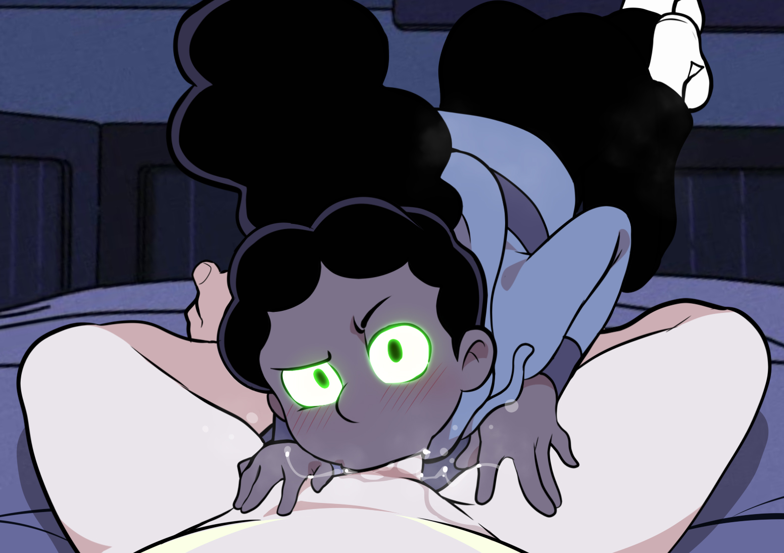:>=, 1boy, 1girls, big hair, black hair, blush, clothed female nude male, cum, cum in mouth, dark skin, dark-skinned female, deepthroat, fellatio, female, frida (hilda), glowing eyes, green eyes, hilda (series), interracial, jcm2, long hair, looking at viewer, male, mind control, nude, oral, penis, possession, pov crotch, solo focus, straight, teenager, very dark skin